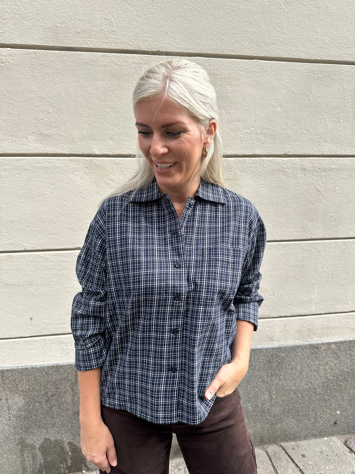 Jxasta Long Sleeve Clean Check Shirt Sn Night Sky Blanc De Blanc
