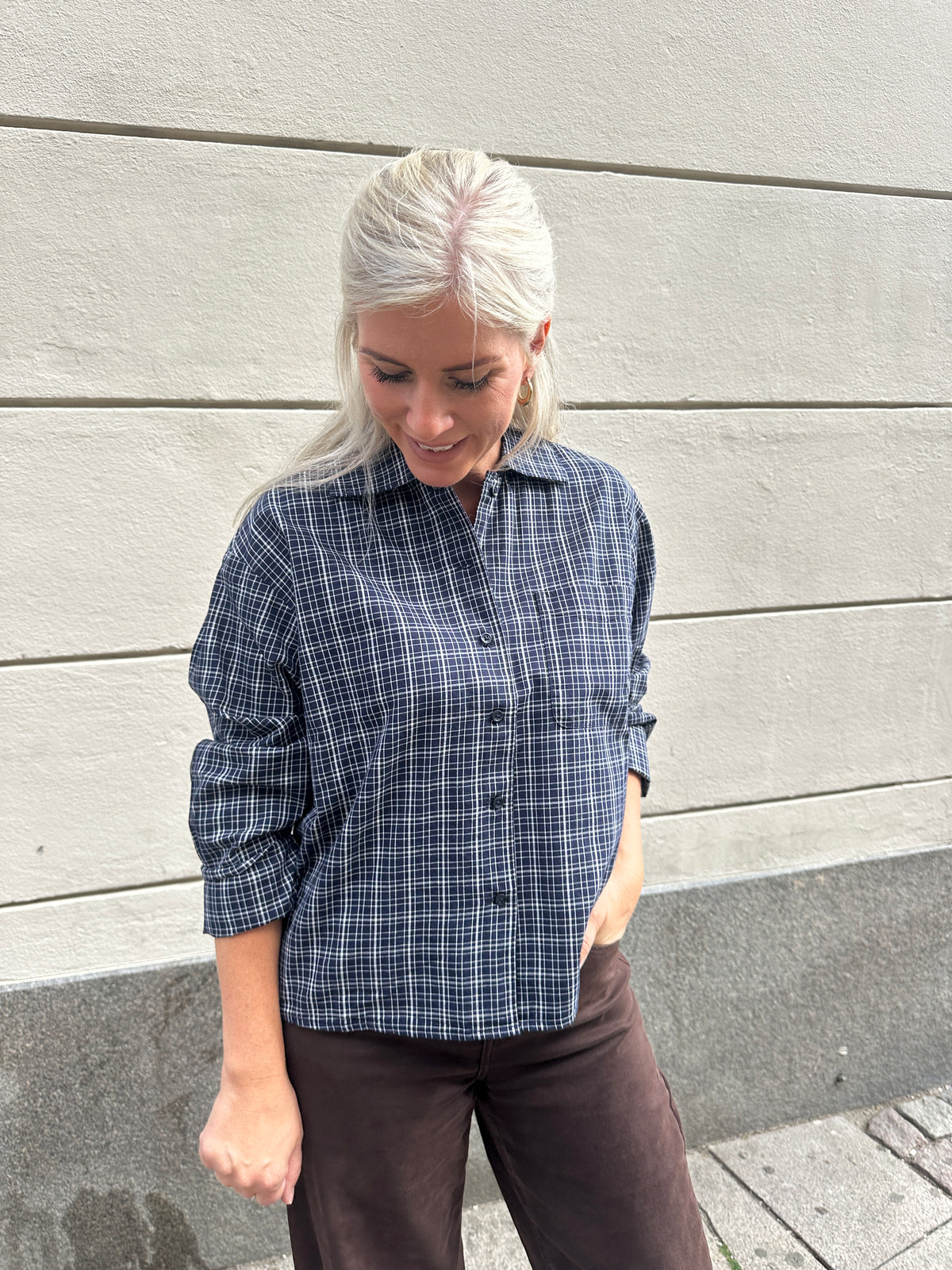Jxasta Long Sleeve Clean Check Shirt Sn Night Sky Blanc De Blanc