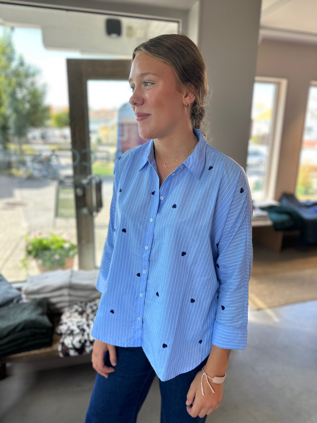 Onlnew Lina Grace Emb Shirt Moonlight Blue Stripe Midnight Blue Heart Emb