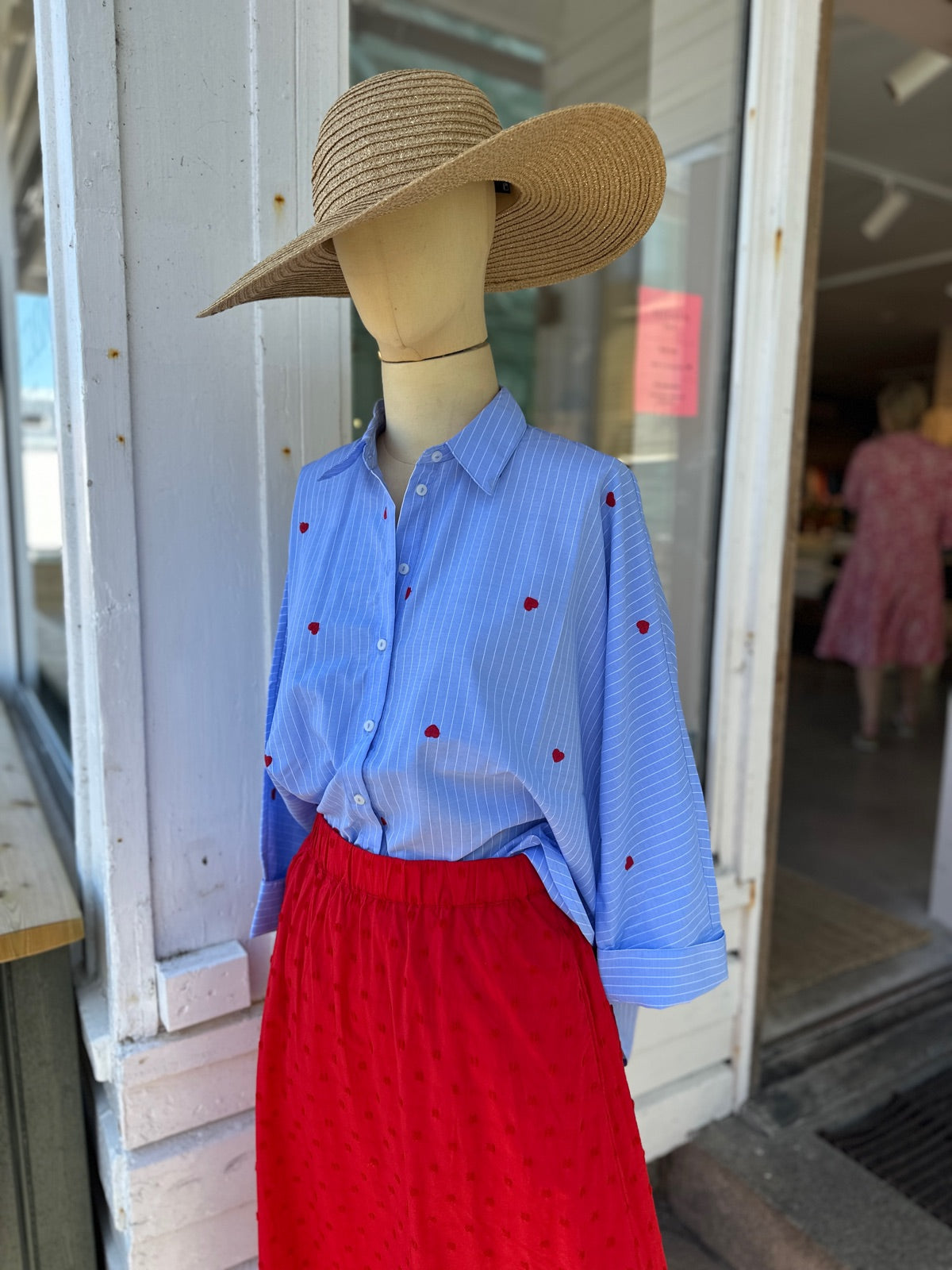 Onlnew Lina Grace Long Sleeve Stripe Emb Shirt Moonlight Blue Stripew Red Heart Emb