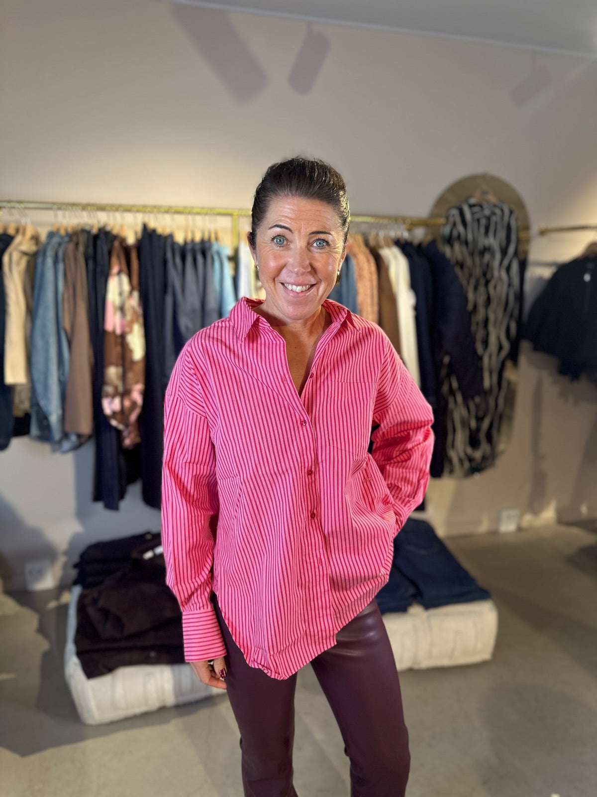 Jxjamie Long Sleeve Relaxed Poplin Shirt Cerise Stripe