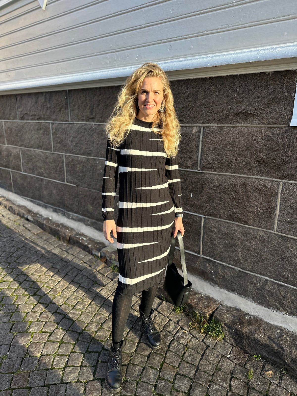 Objmaren Knit Re Long Sleeve Dress Black White Sand