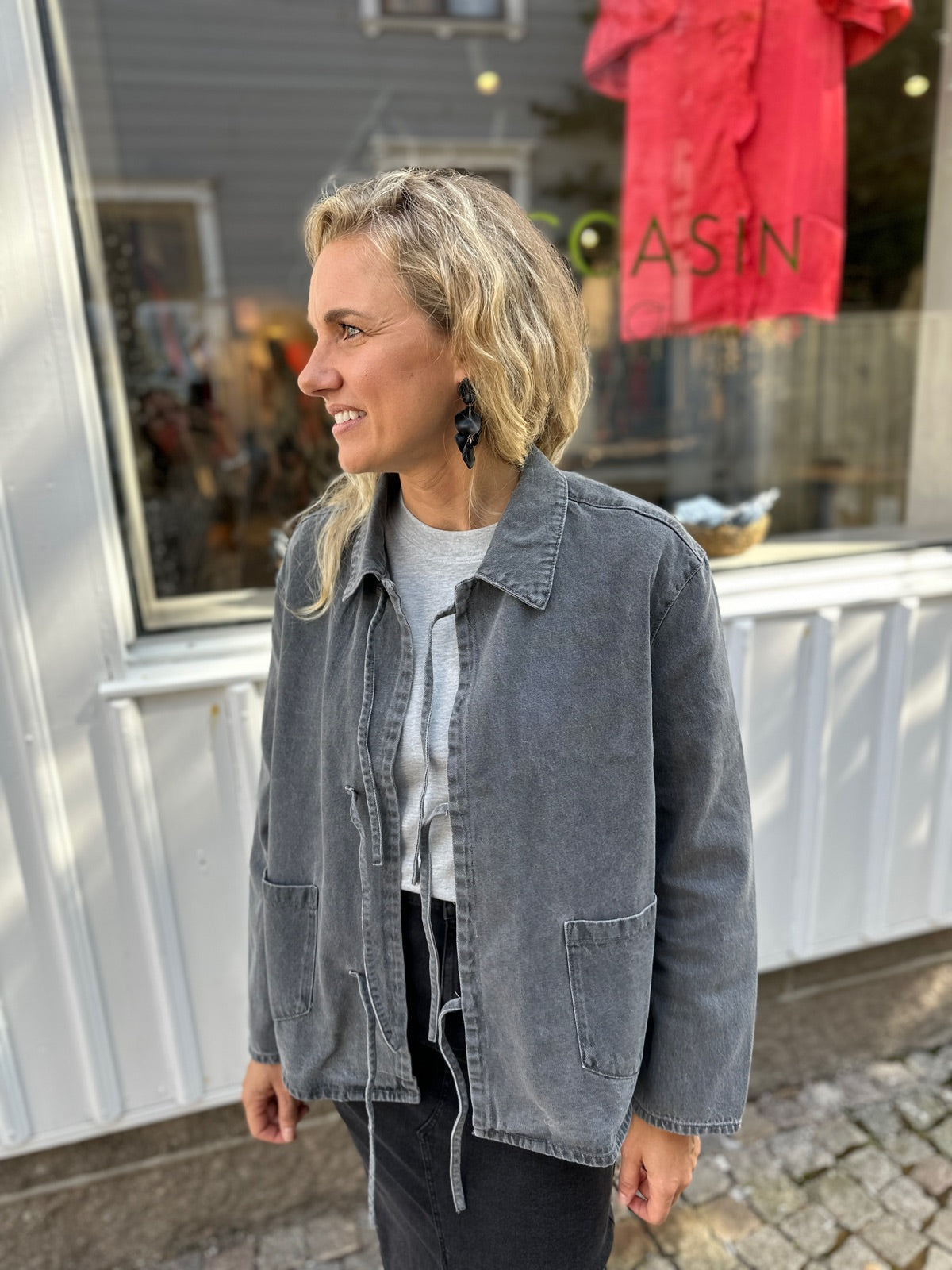 Onlthille Long Sleeve Tie Jacket Gua Medium Grey Denim