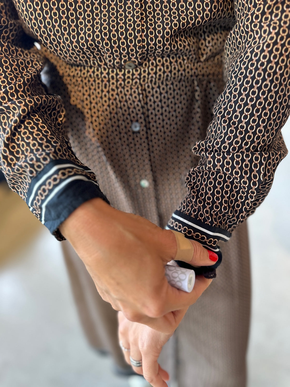 Onlveda Border Long Sleeve Long Dress Black Border Chain