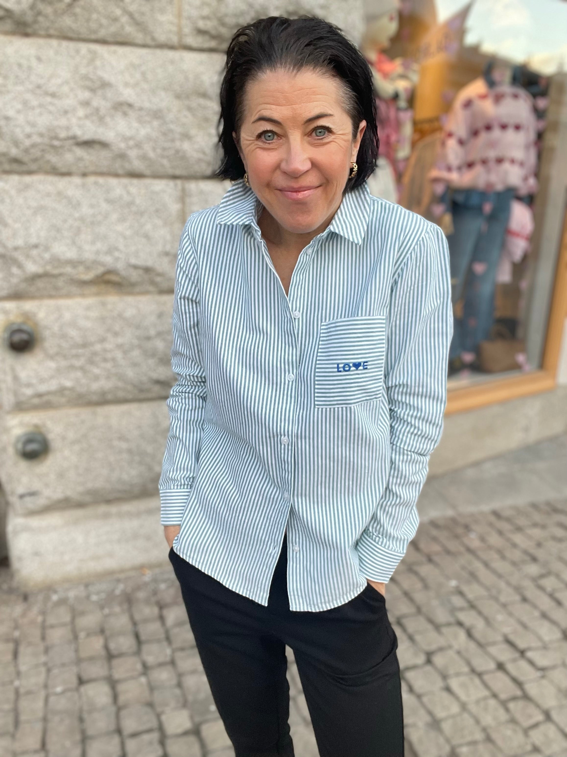 Pcirene Long Sleeve Pocket Shirt Bright White Aventurine Amour Emb In Lapis Blue