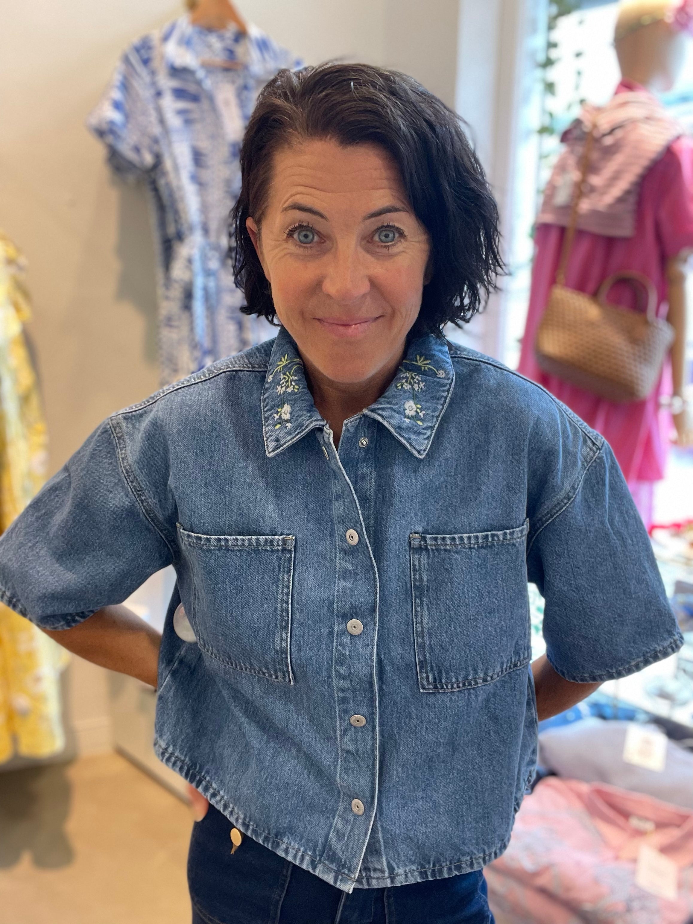 Pcsky Denim Shirt Medium Blue Flower Embroidery