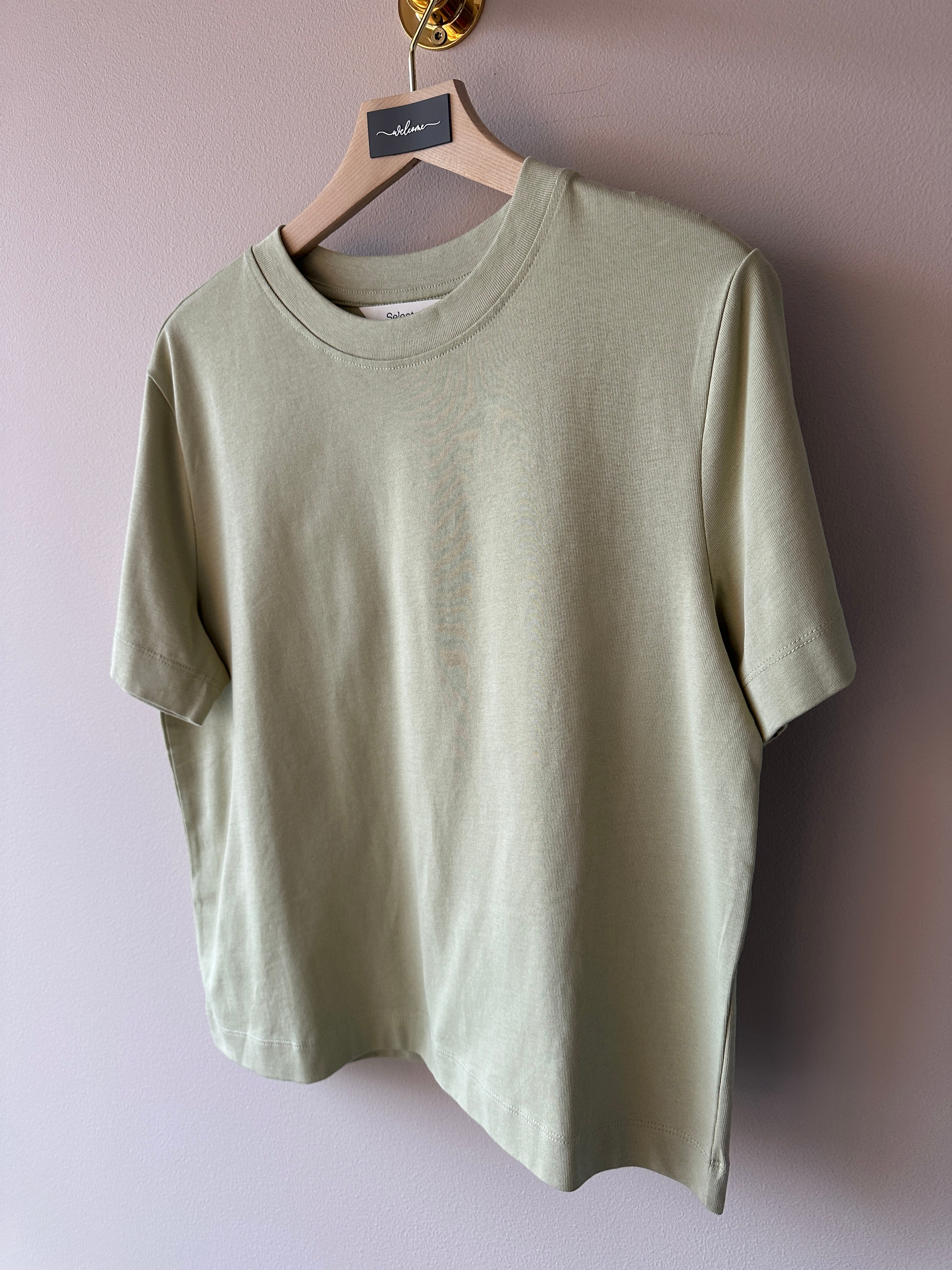 Ljusgrön t-shirt med rund hals och kortärmad boxy passform, hängd på galge mot ljusrosa vägg.
