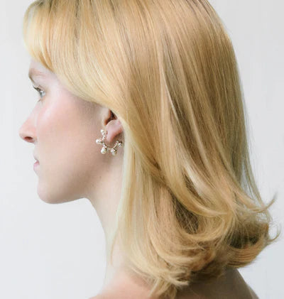 Varya Earrings Silver - BECCASIN STORE - Silver Varya örhänge with delicate floral design worn on blonde hair elegant smycke.