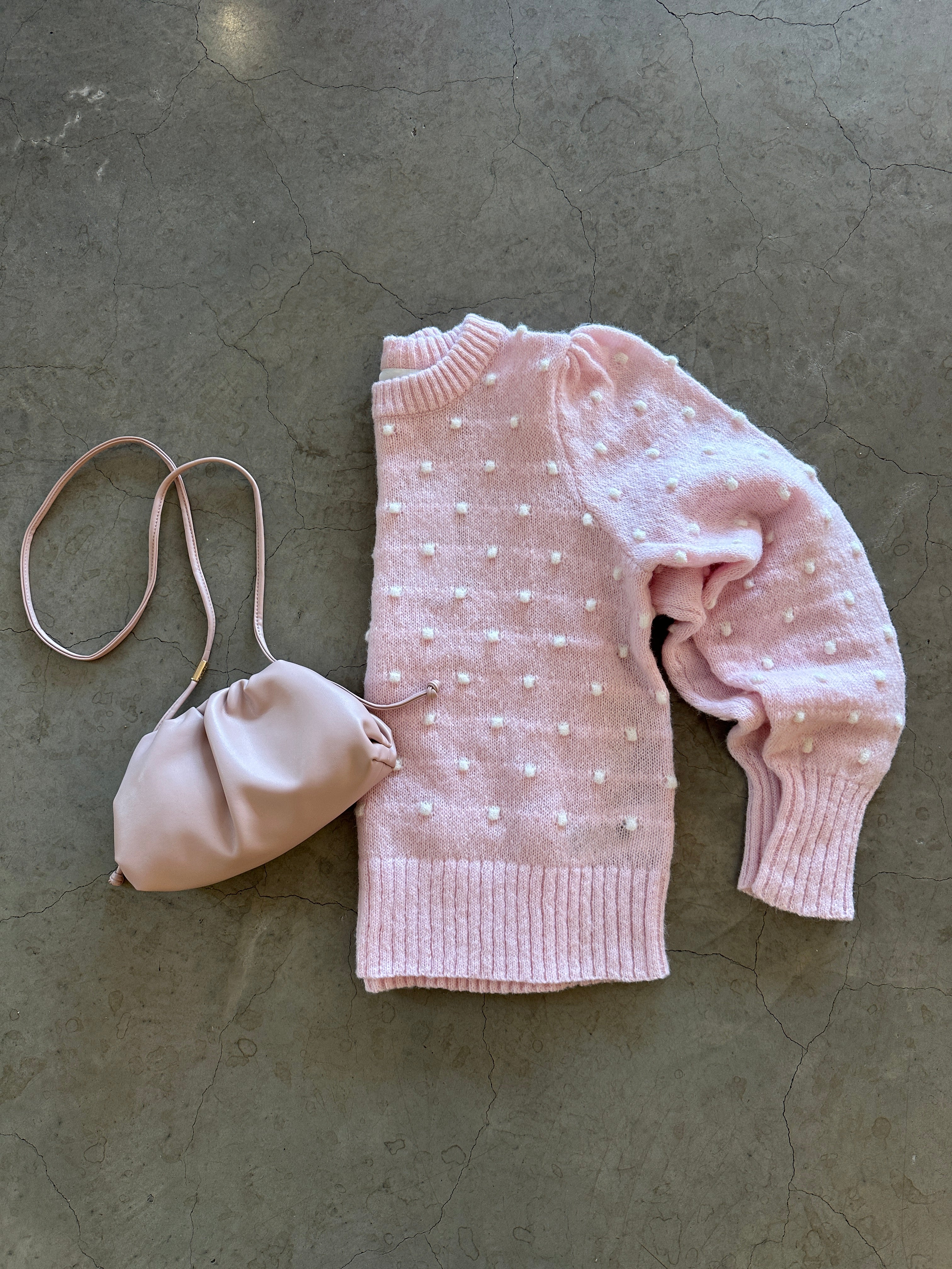 Vidottie Long Sleeve O Neck Knit Top Cherry Blossom White Dots