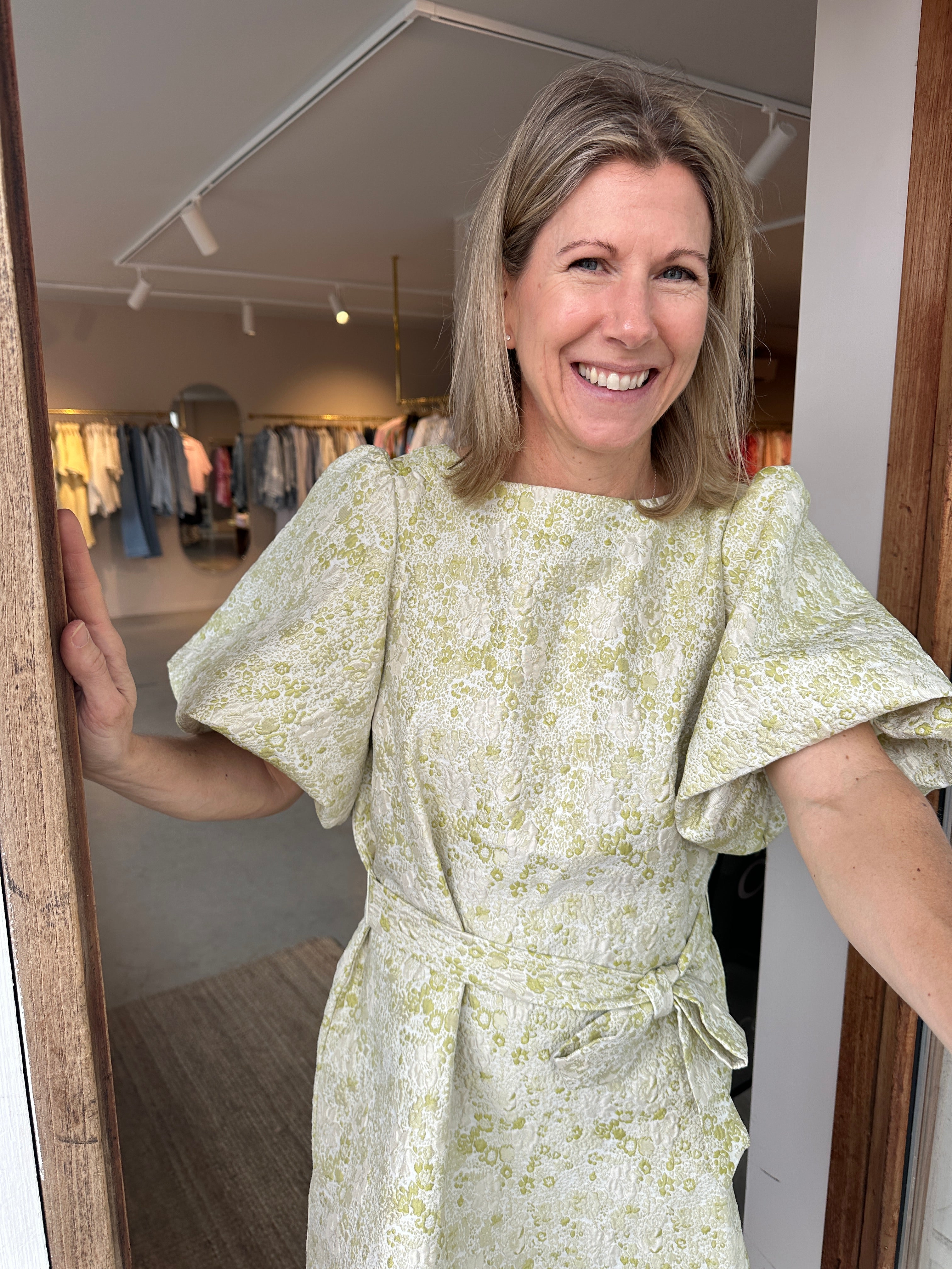 Vikaia Boat Neck Jacq Short Dress Smoke Green