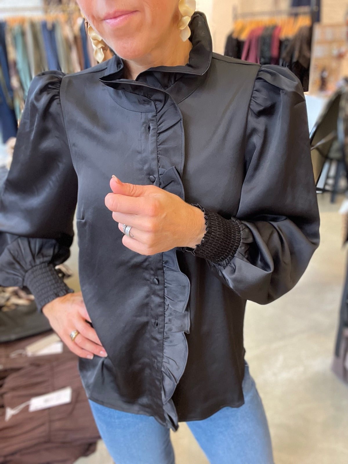 Vilutto Long Sleeve Frill Shirt Black Beauty