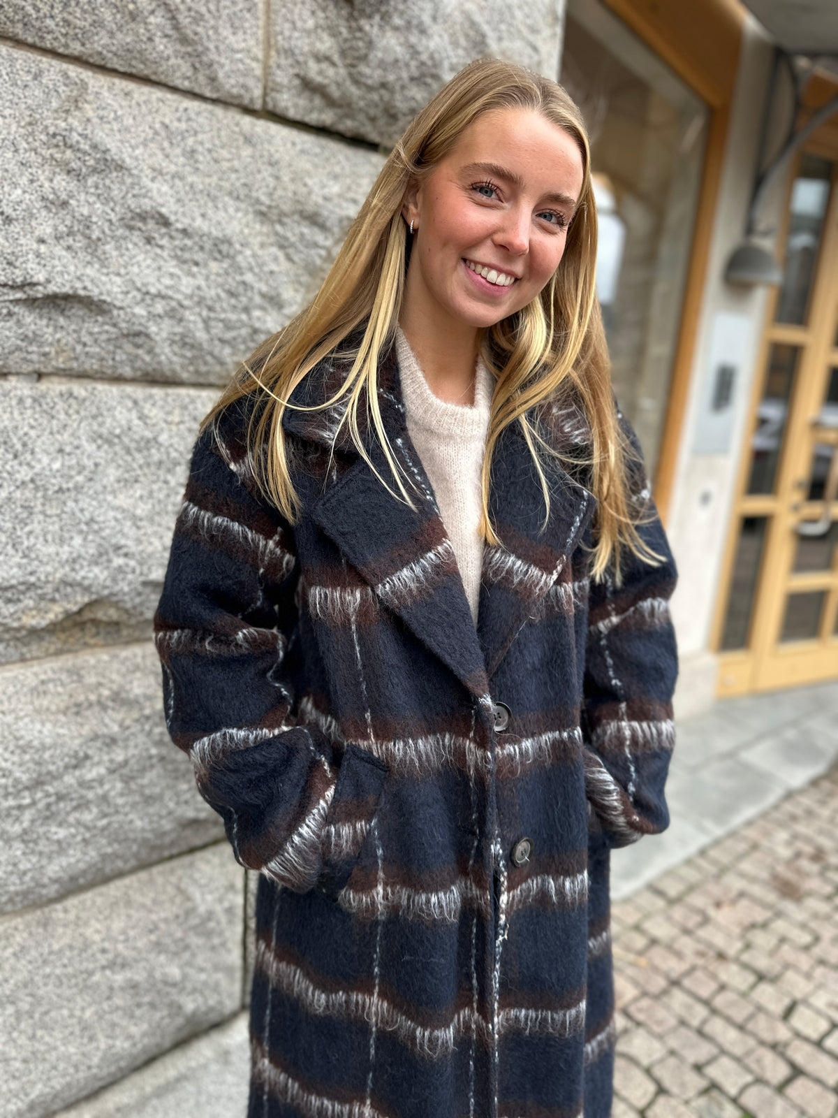 Vimelon Long Sleeve Check Coat Navy Blazer Coffee Beanbirch