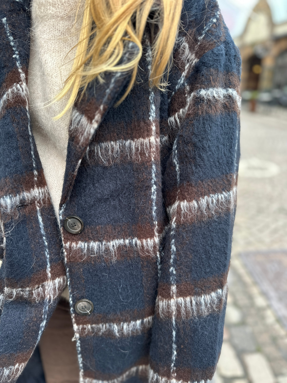 Vimelon Long Sleeve Check Coat Navy Blazer Coffee Beanbirch