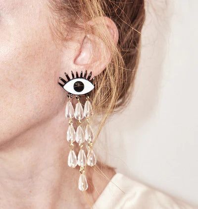 Cry Baby Earrings - BECCASIN STORE - Black and white eye-shaped örhänge with cascading clear teardrop crystals smycke.