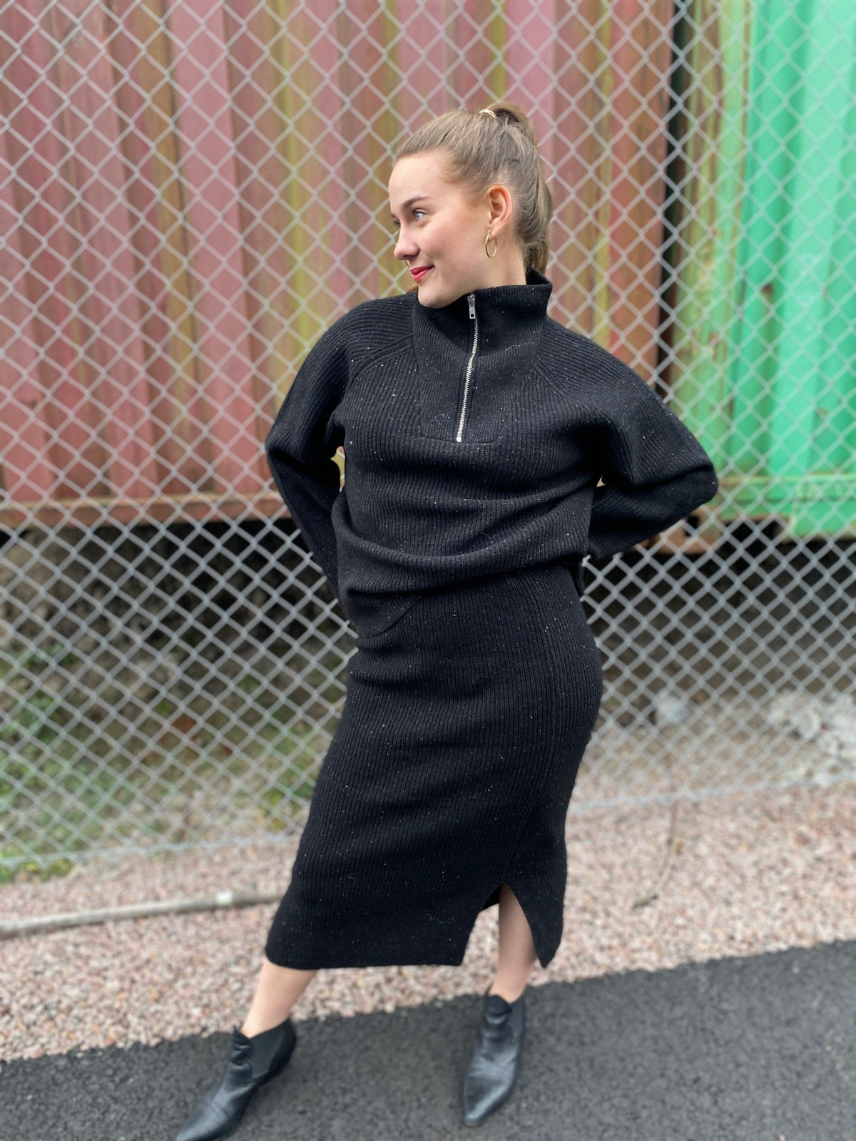 Slfannalisa Long Sleeve Knit Highneck Zipper Black Mix