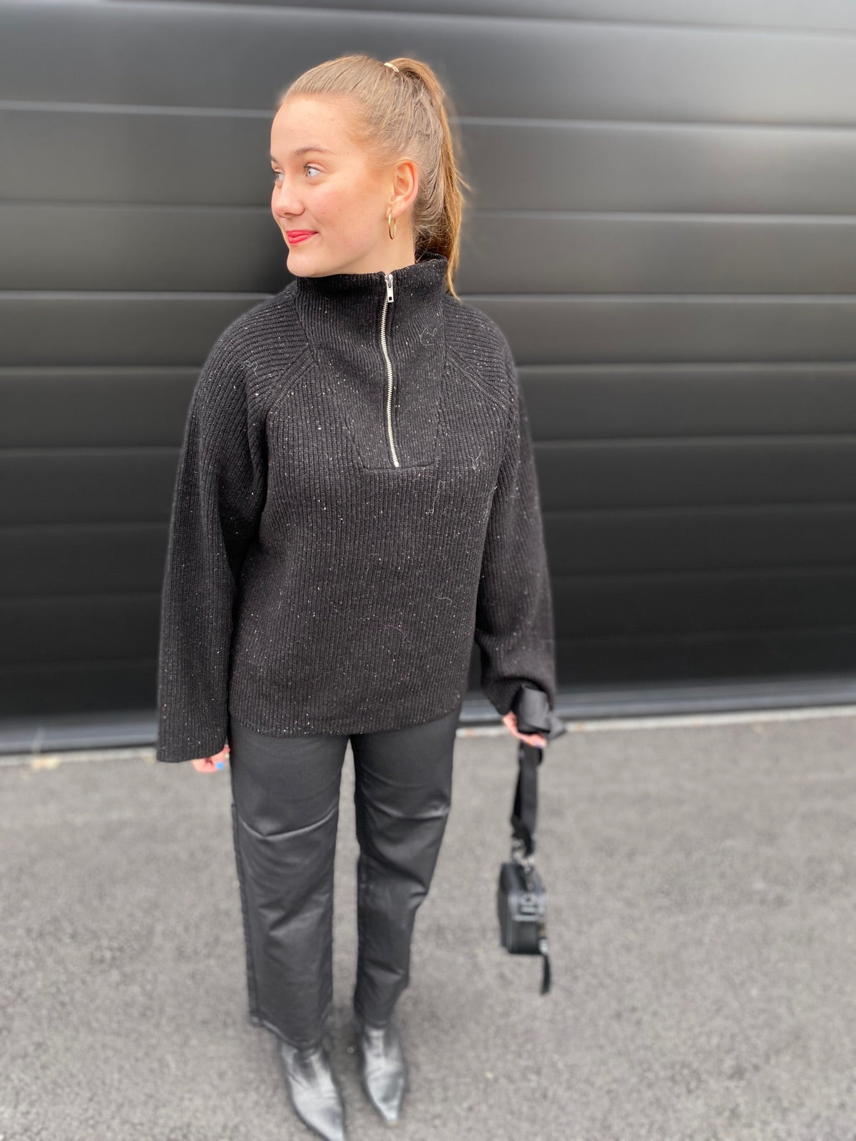 Slfannalisa Long Sleeve Knit Highneck Zipper Black Mix