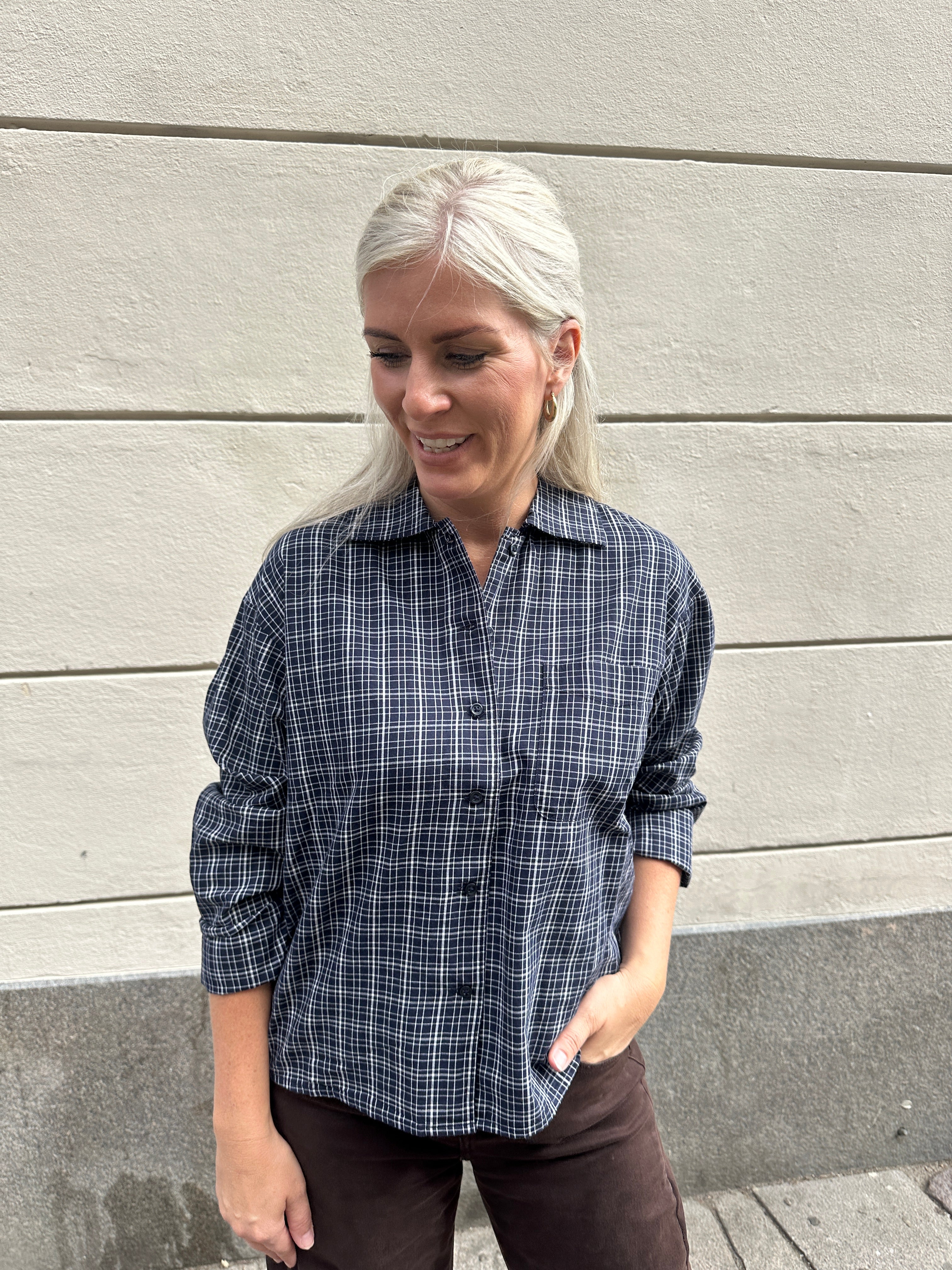 Jxasta Long Sleeve Clean Check Shirt Sn Night Sky Blanc De Blanc