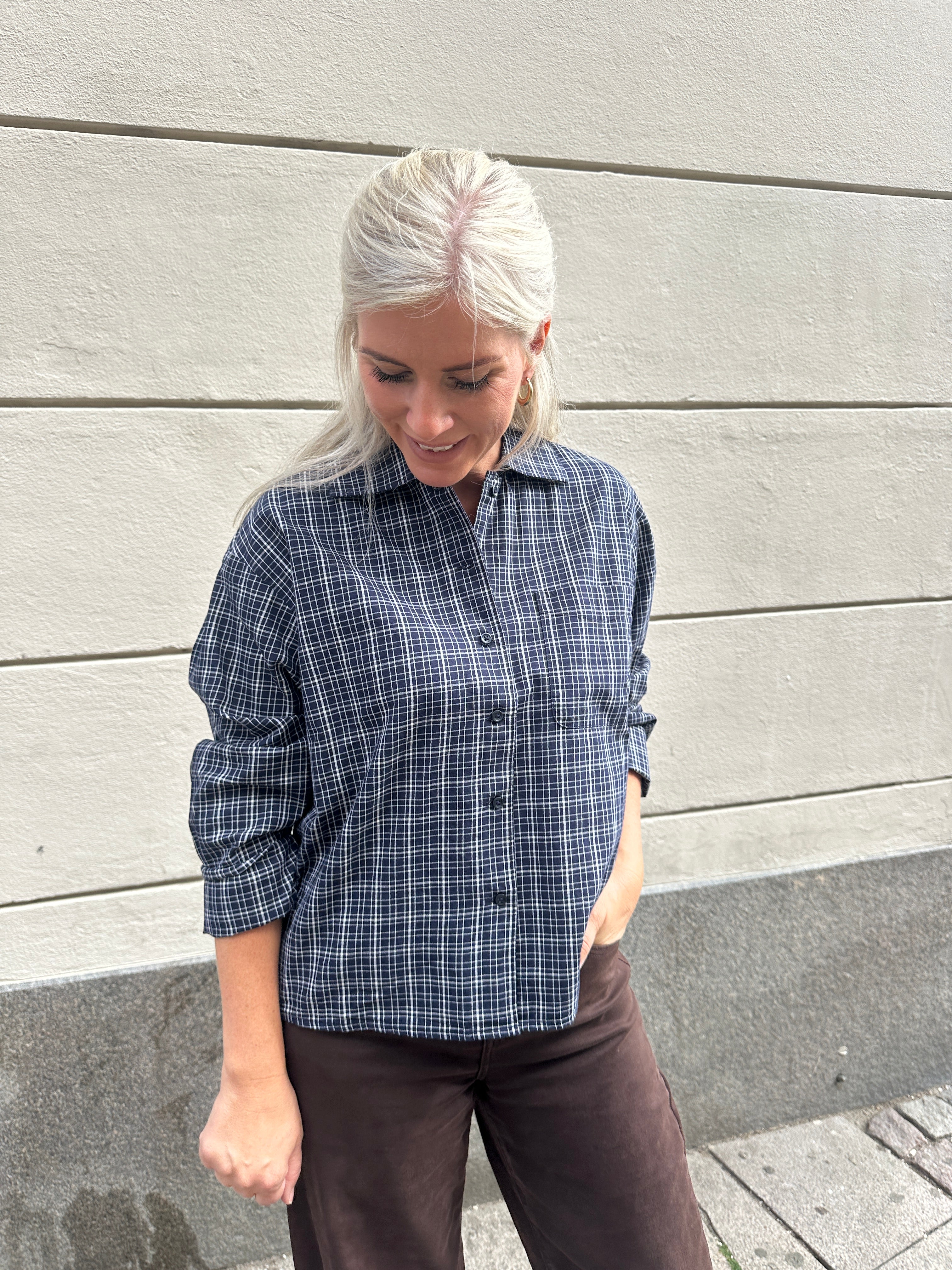 Jxasta Long Sleeve Clean Check Shirt Sn Night Sky Blanc De Blanc