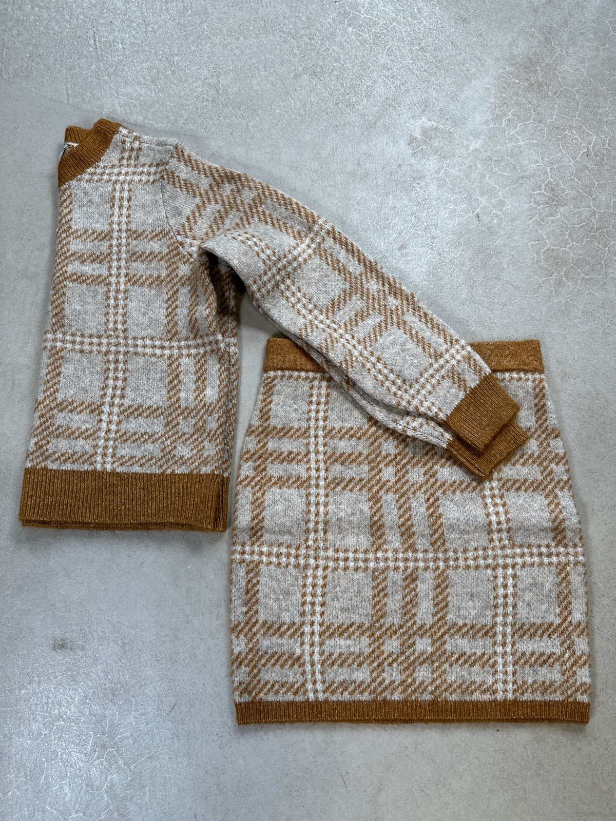 Vicilia Long Sleeve Check Knit Top Caramel Café Natural Melangebirch