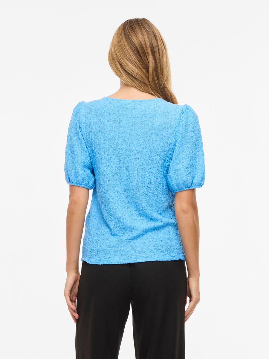 Visophia O Neck Short Sleeve Top All Aboard. Blå textur blus med korta puff ärmar. 