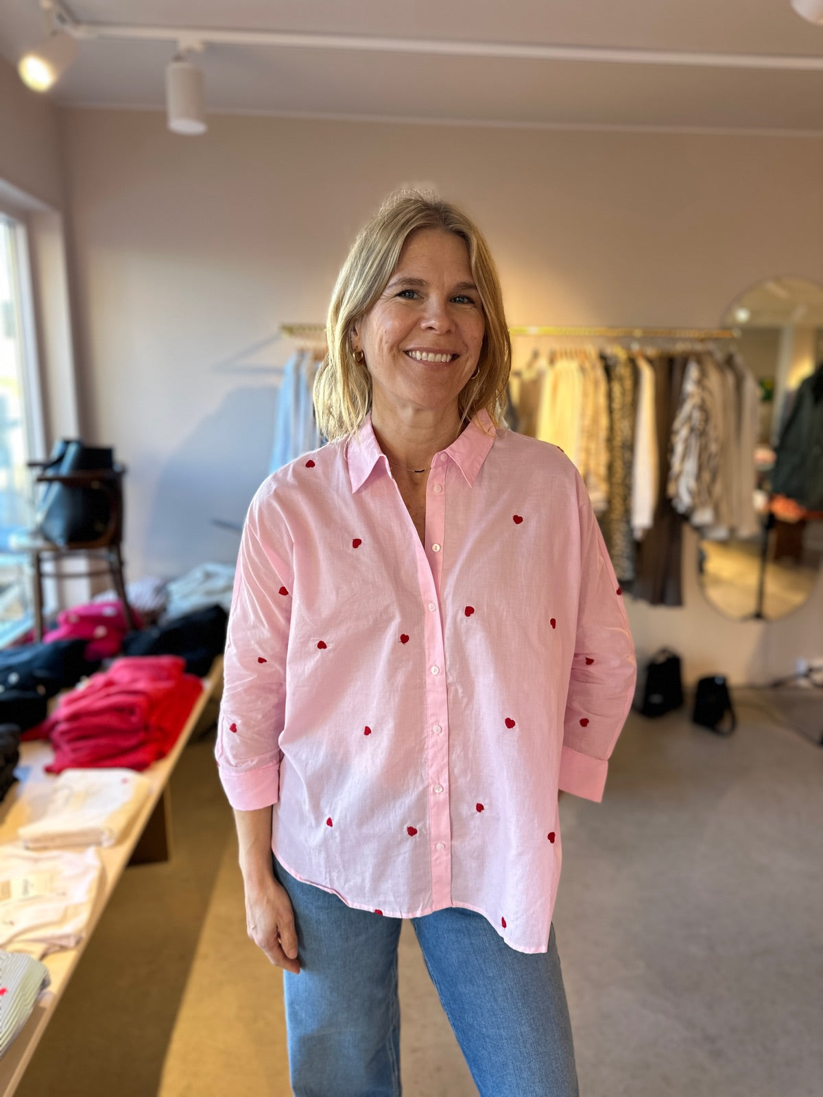 Onlnew Lina Grace Long Sleeve Emb Shirt Roseate Spoonbill Red Heart