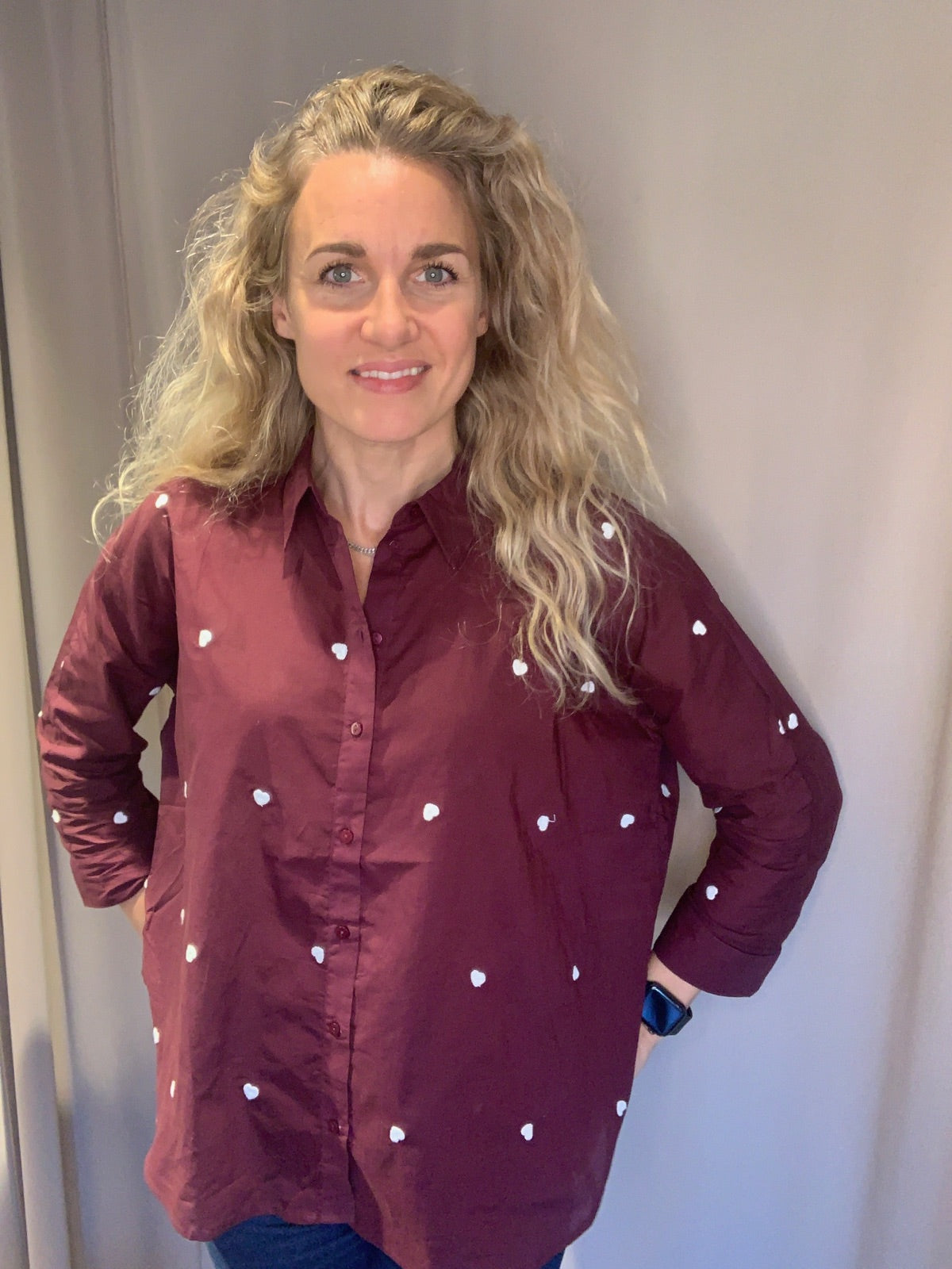 Onlnew Lina Grace Long Sleeve Emb Shirt Winetasting W Cloud Dancer Emb Heart