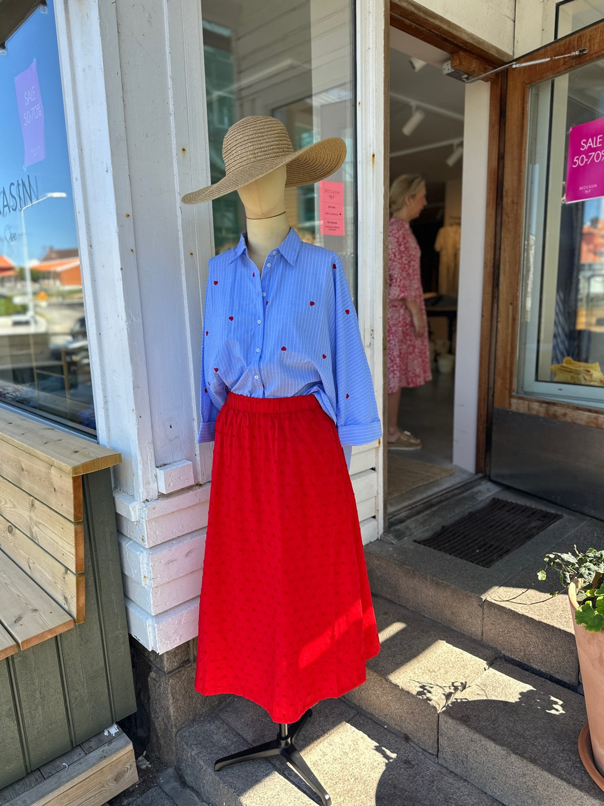 Onlnew Lina Grace Long Sleeve Stripe Emb Shirt Moonlight Blue Stripew Red Heart Emb