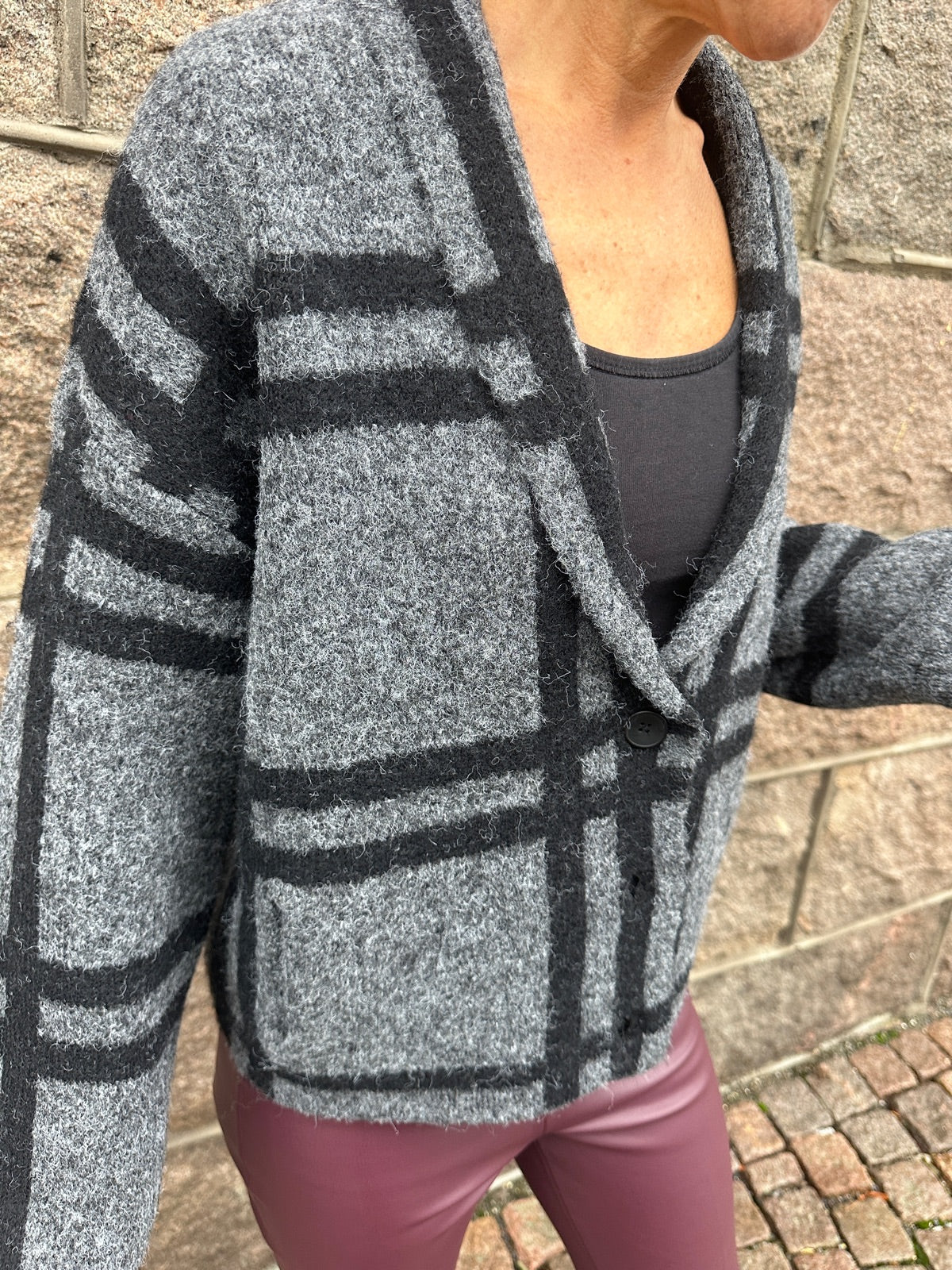 Jdylydia Long Sleeve V Neck Short Coatigan Dark Grey Melange Black Check