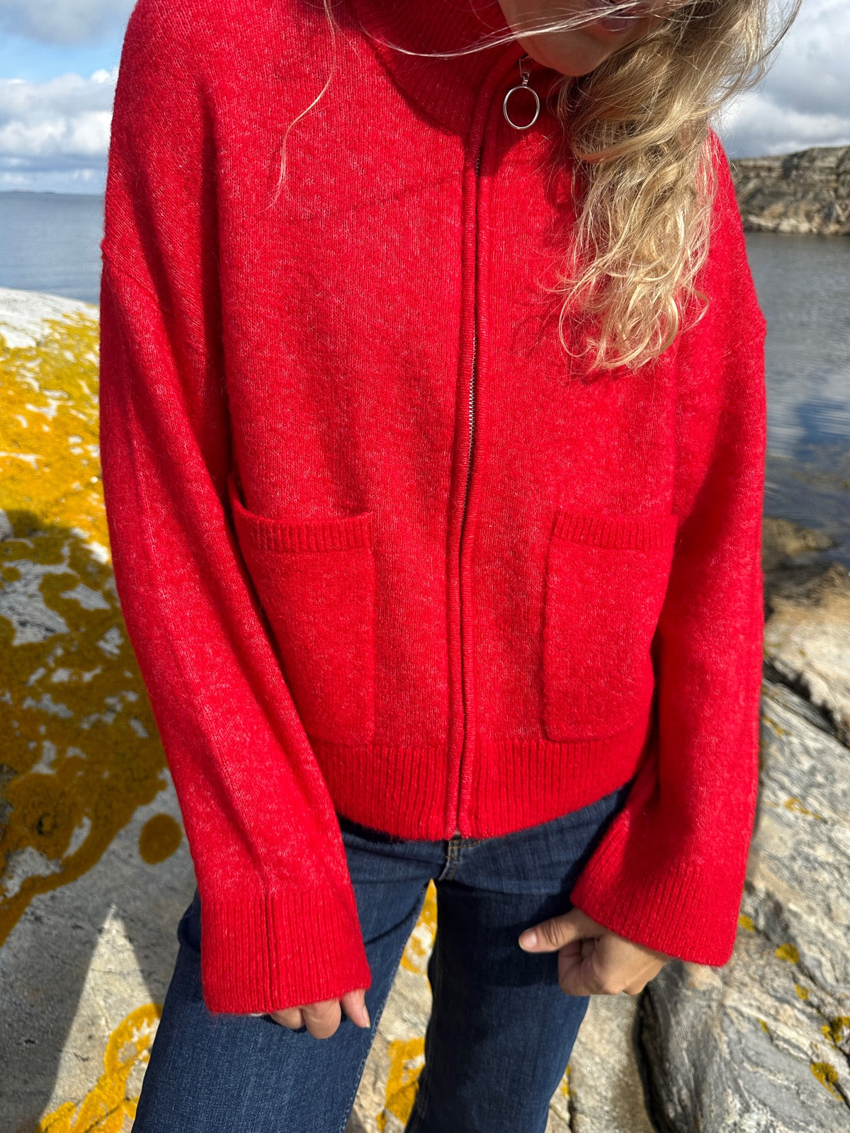 Slfsia Ras Long Sleeve Knit Zipper Cardigan Equestrian Red Melange