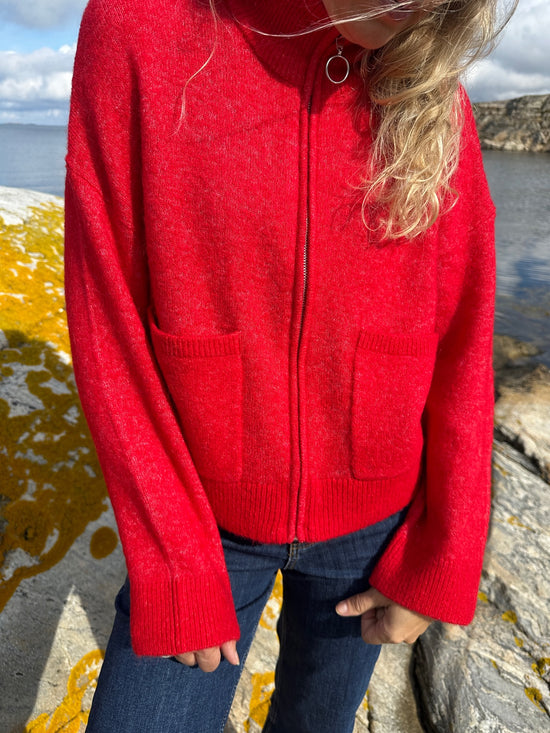 Slfsia Ras Long Sleeve Knit Zipper Cardigan Equestrian Red Melange