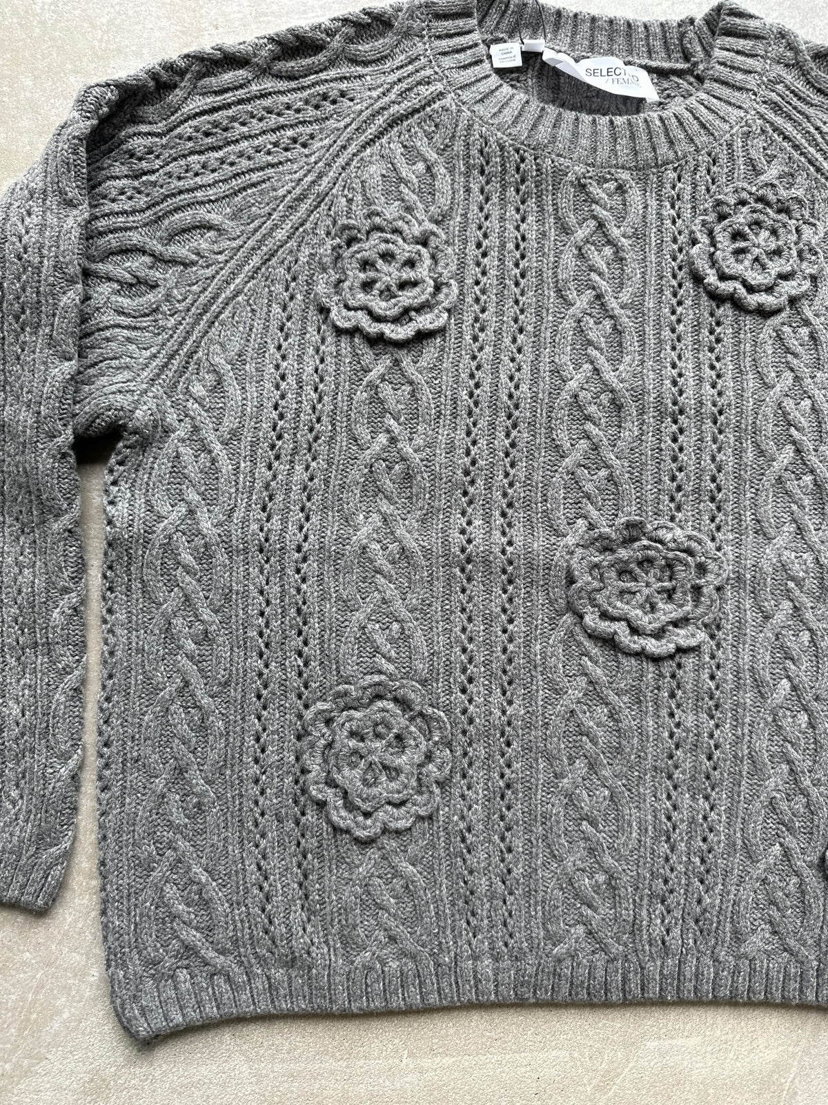 Slfulrikke Long Sleeve Flower Knit Medium Grey Melange Melange