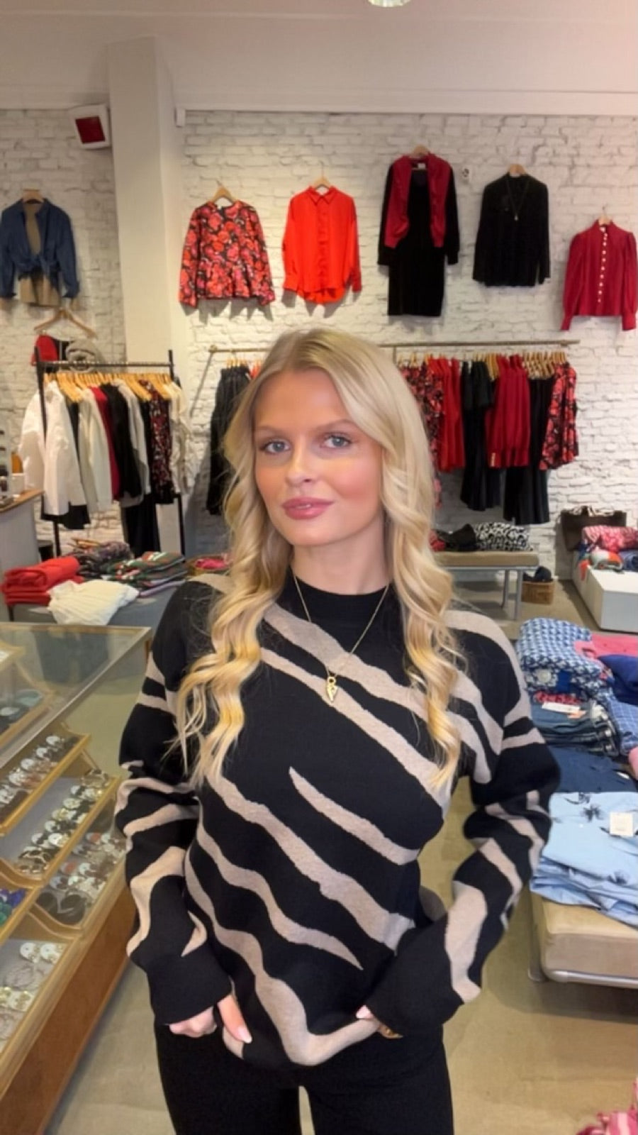 Objray Lo Long Sleeve Knit Pullover Black Desert Taupe Tiger Graphic