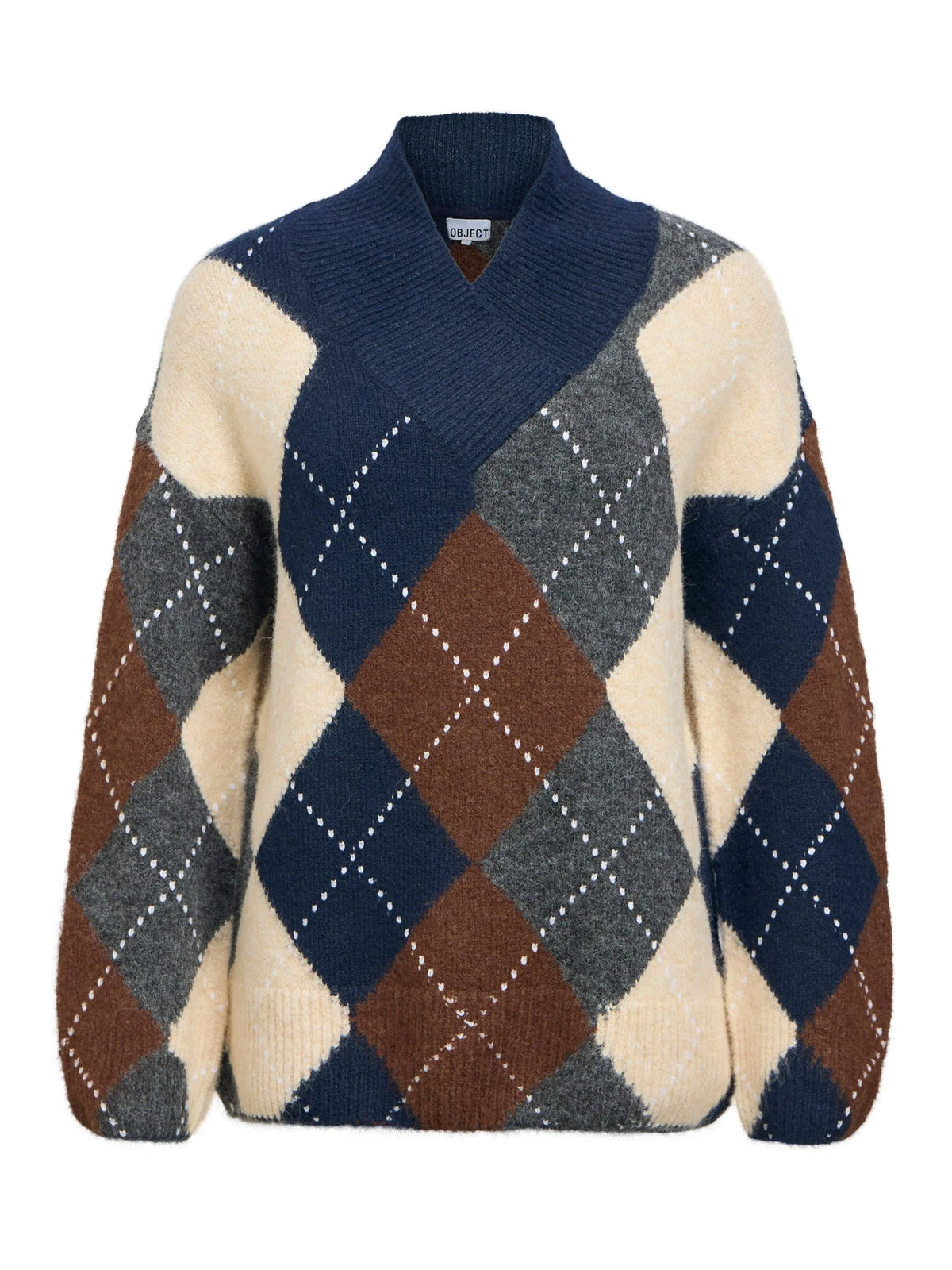 Objbrenda Long Sleeve Lo V Neck Pullover Sky Captain Melange  Check