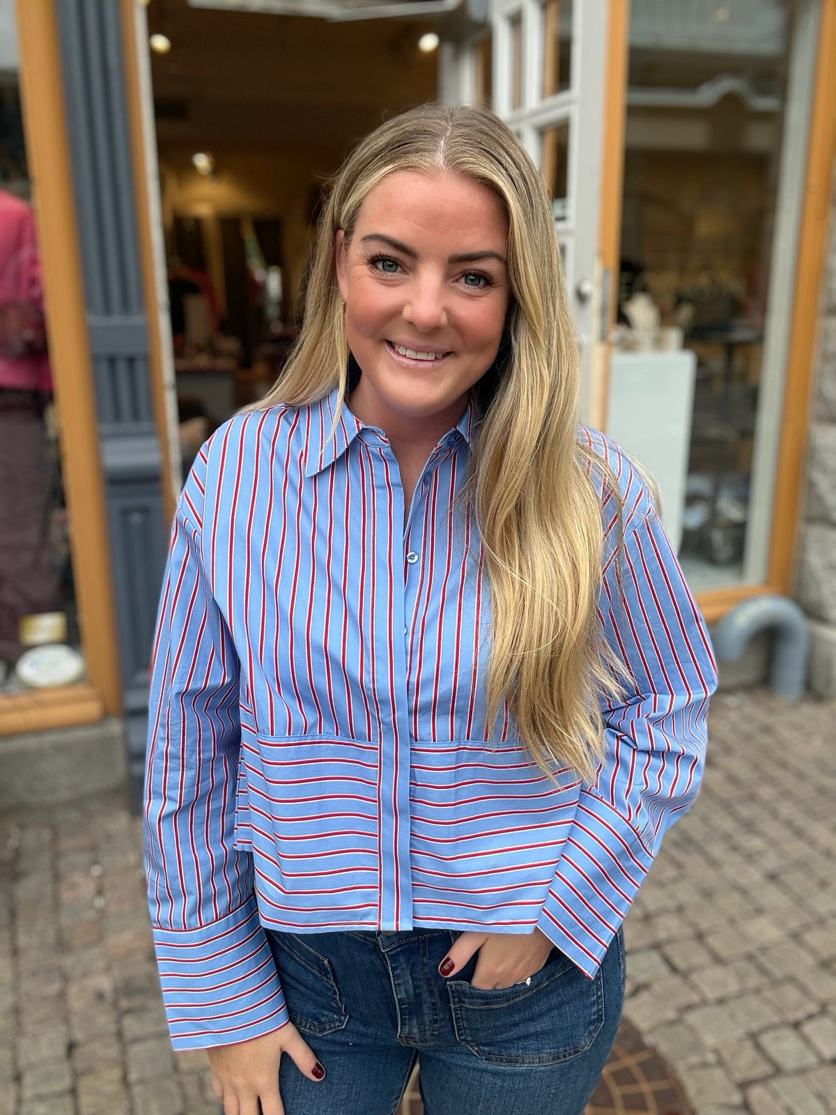 Yaslee Long Sleeve Short Stripe Shirt Vista Blue Goji Berry And Star White