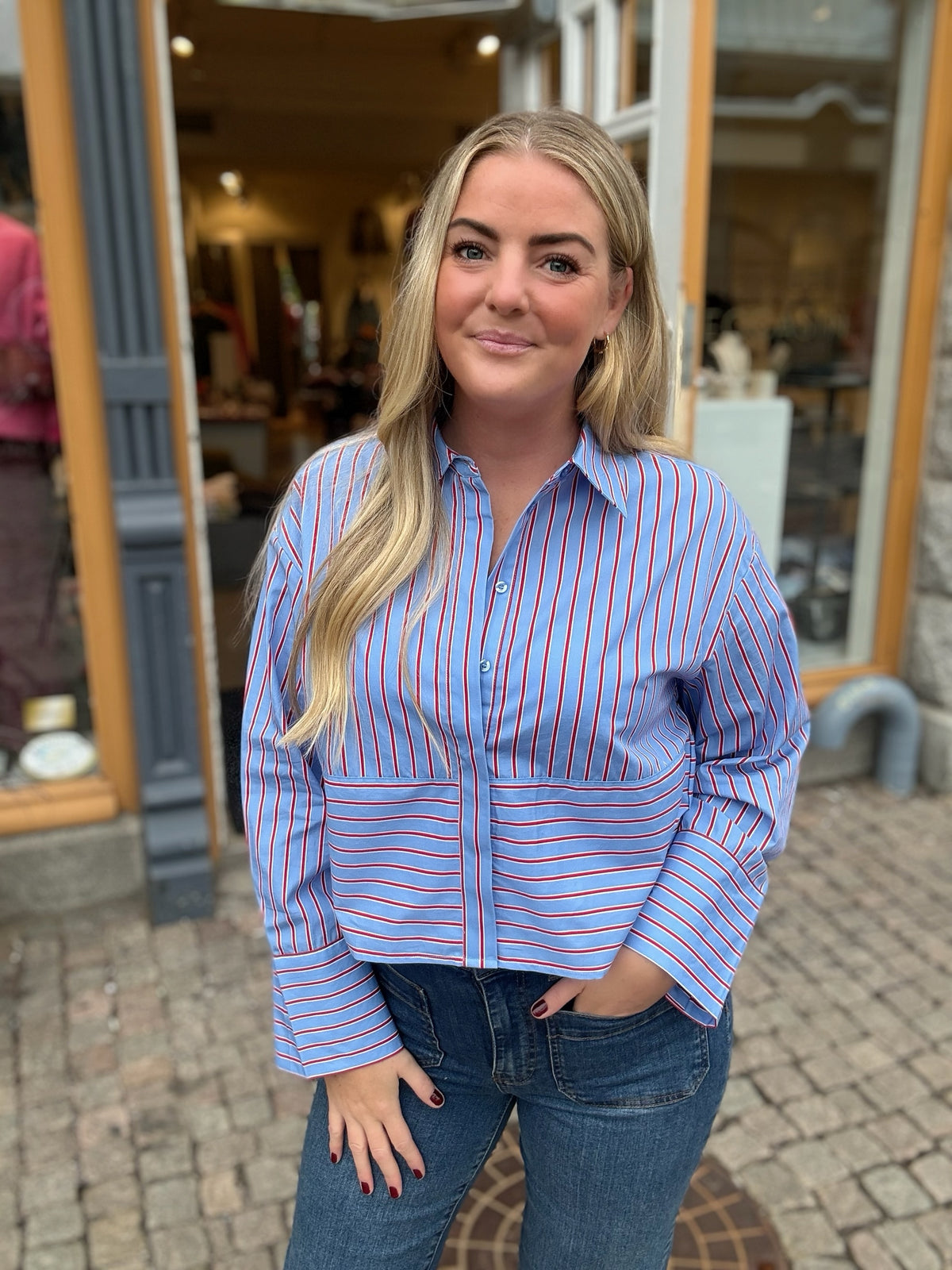 Yaslee Long Sleeve Short Stripe Shirt Vista Blue Goji Berry And Star White