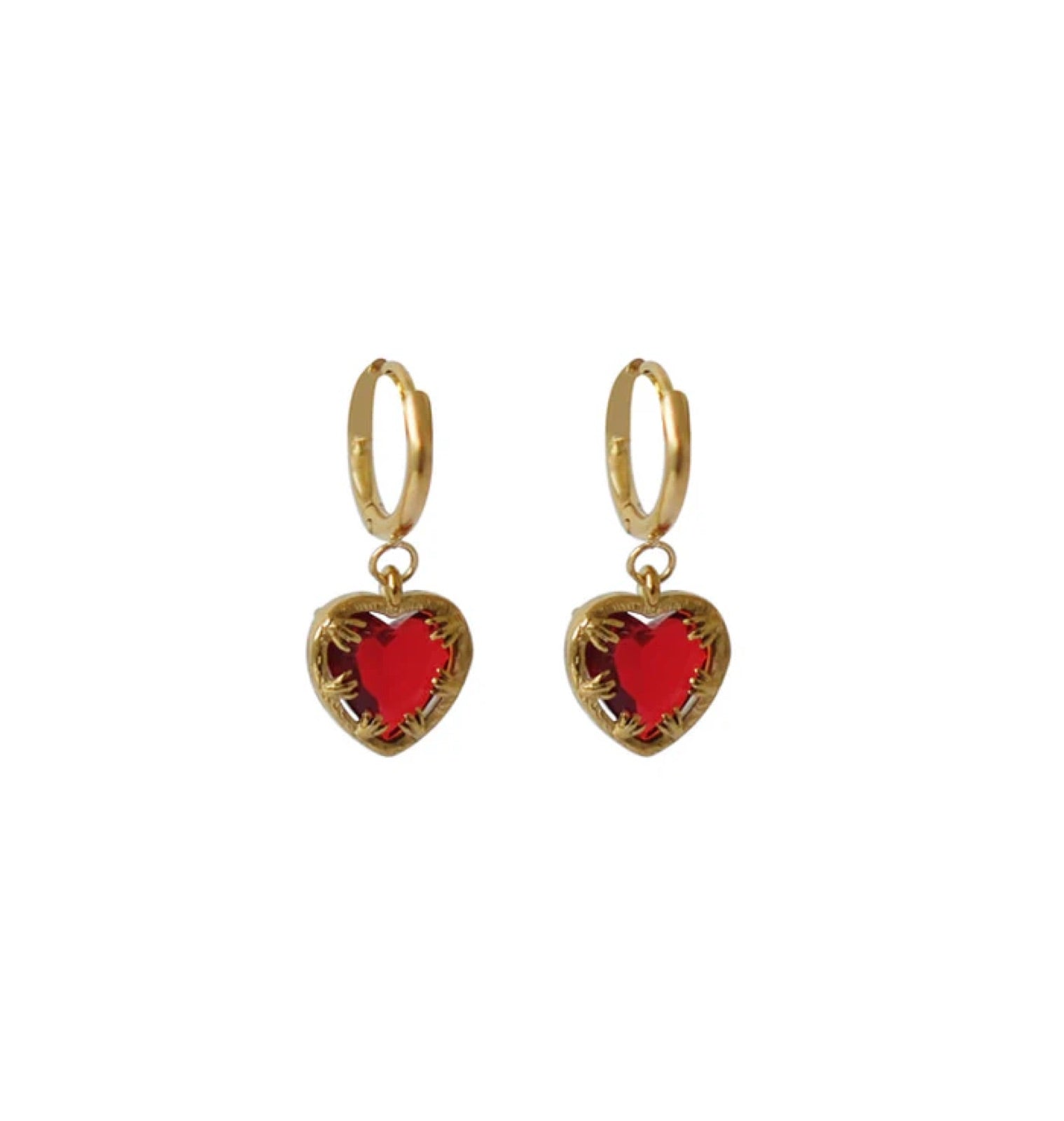 Claw heart red earrings gold