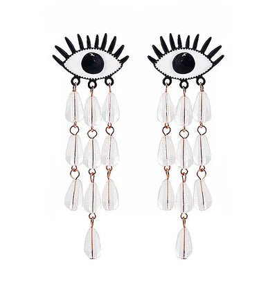 Cry Baby Earrings - BECCASIN STORE - Black eye-shaped örhänge with long clear tear-shaped smycke dangles.