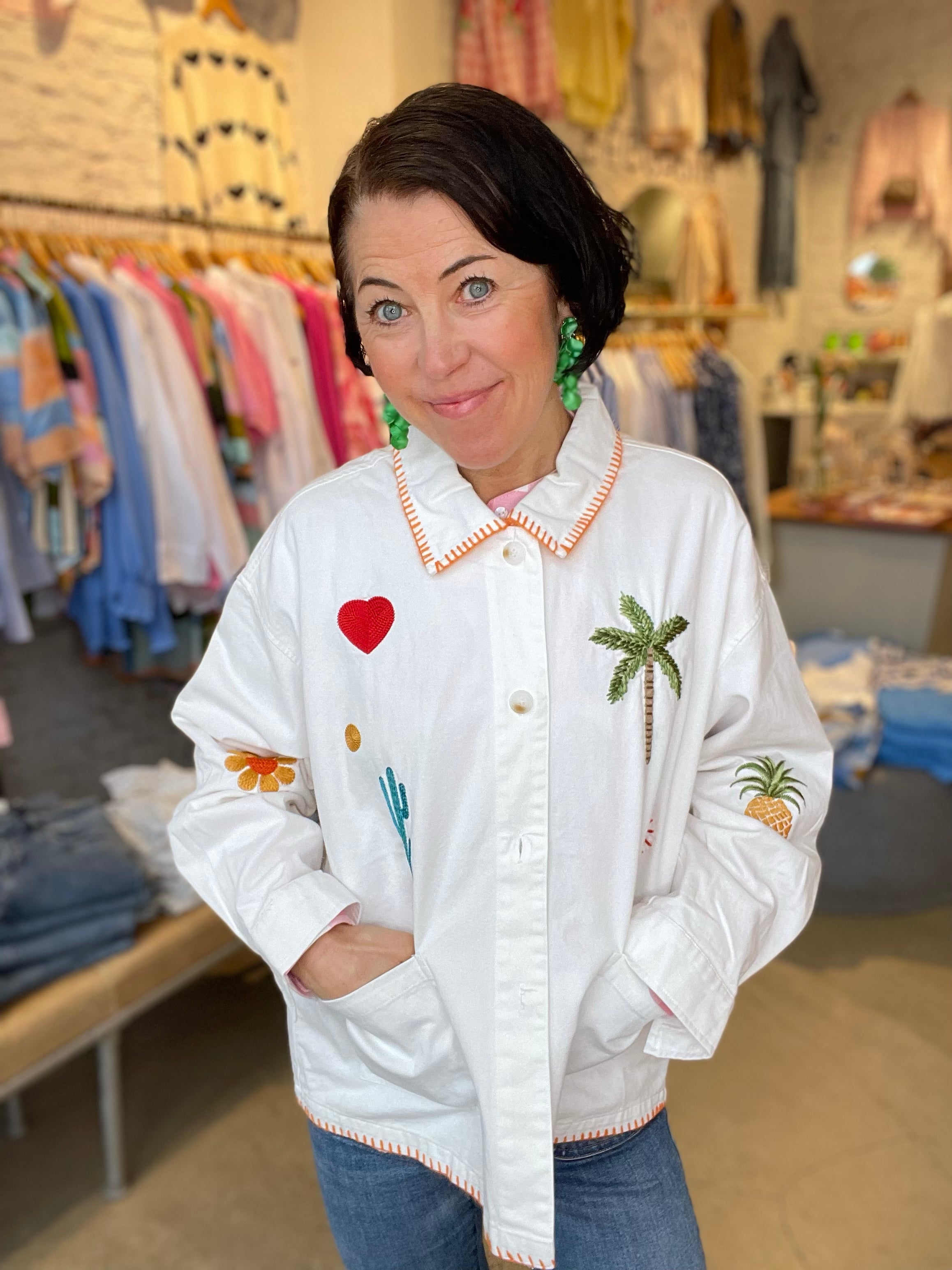 Denim Jacket W Embrodery White
