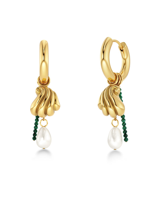 Beach Pearls Hoops Green Gold