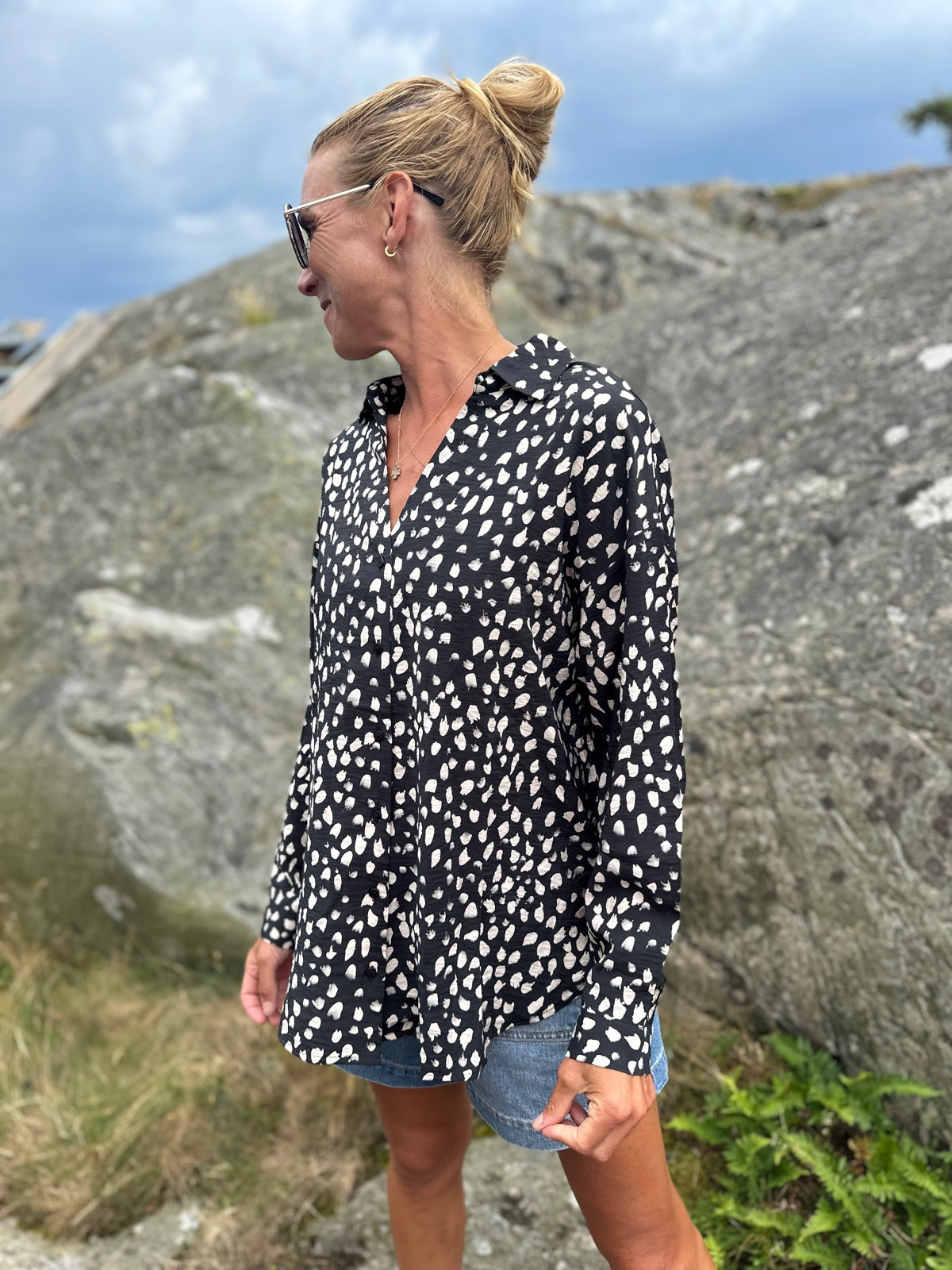 Jdytroya Life Long Sleeve Shirt Dia Black  Silver Lining Dot