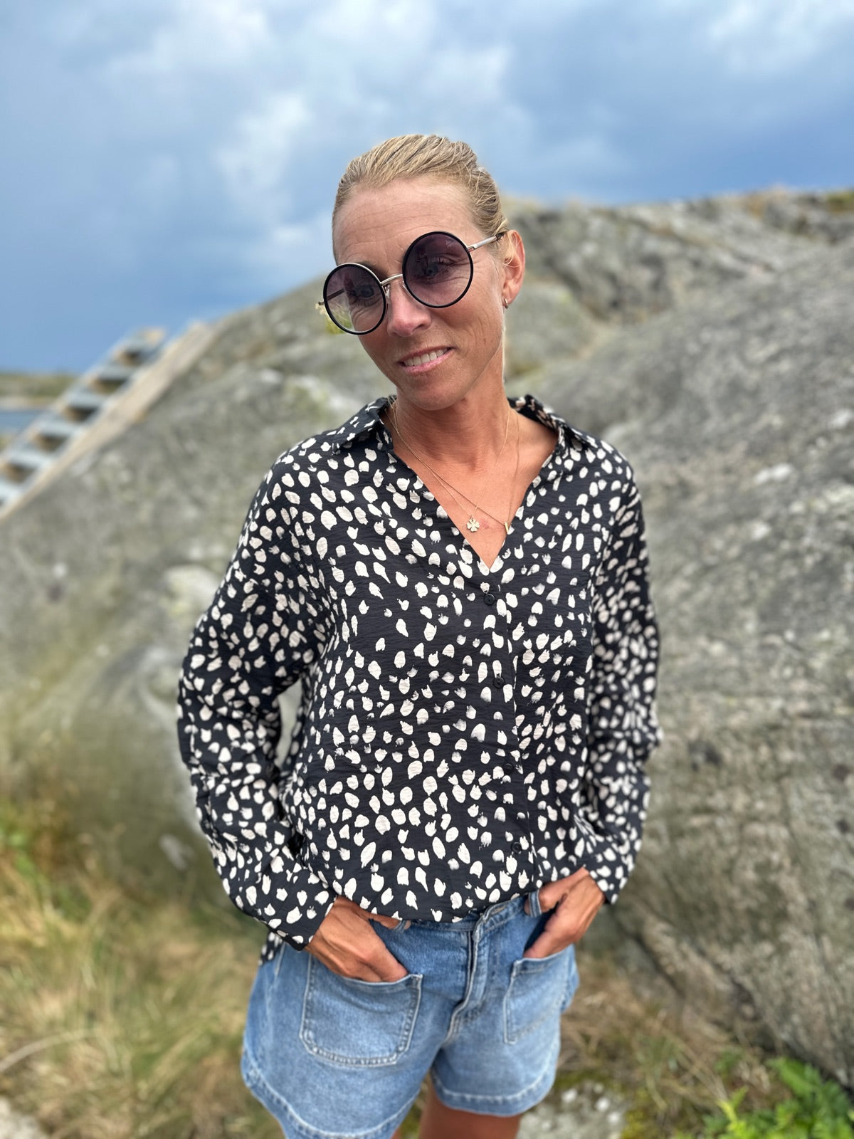 Jdytroya Life Long Sleeve Shirt Dia Black  Silver Lining Dot