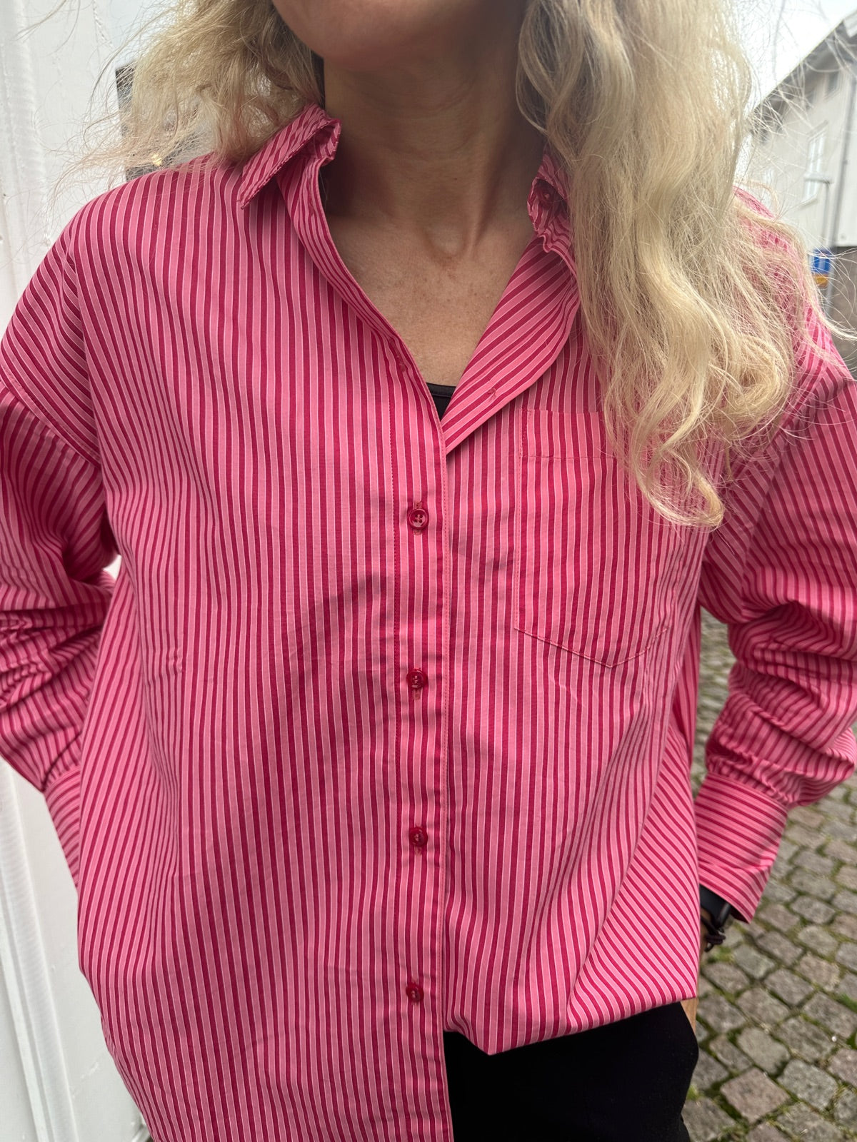 Jxjamie Long Sleeve Relaxed Poplin Shirt Cerise Stripe