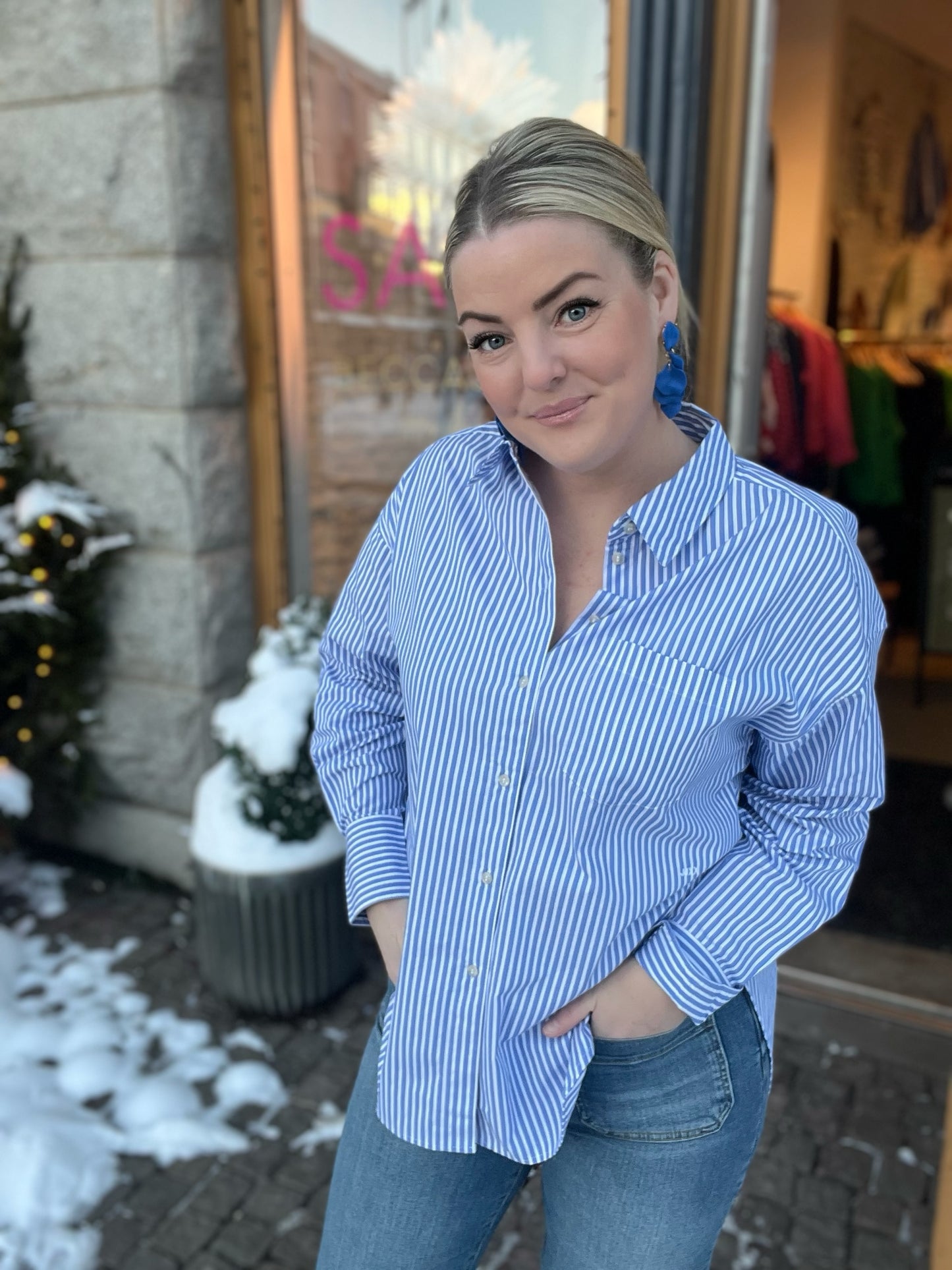 Jxjamie Long Sleeve Relaxed Poplin Shirt Navy Blazer Stripes