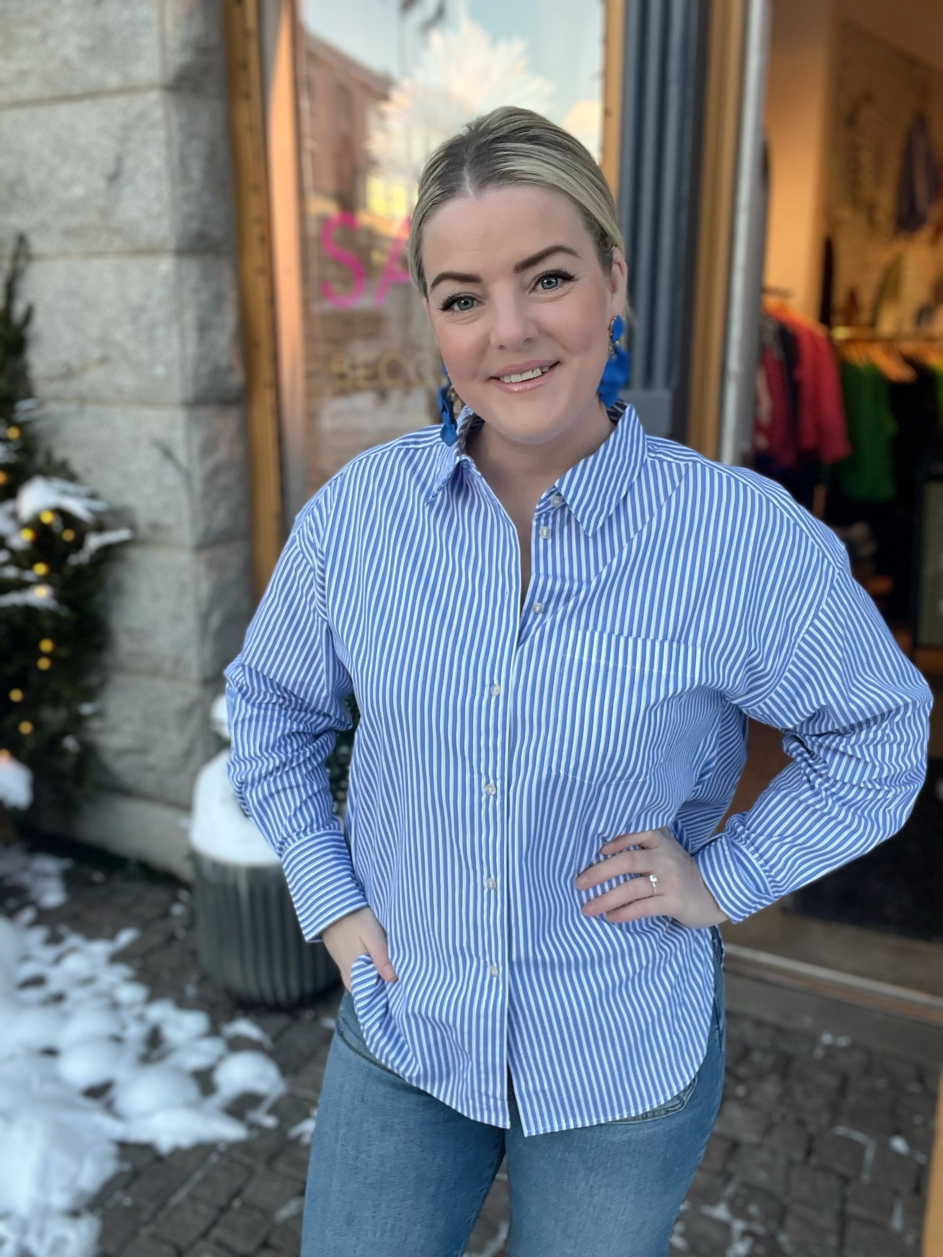 Jxjamie Long Sleeve Relaxed Poplin Shirt Navy Blazer Stripes