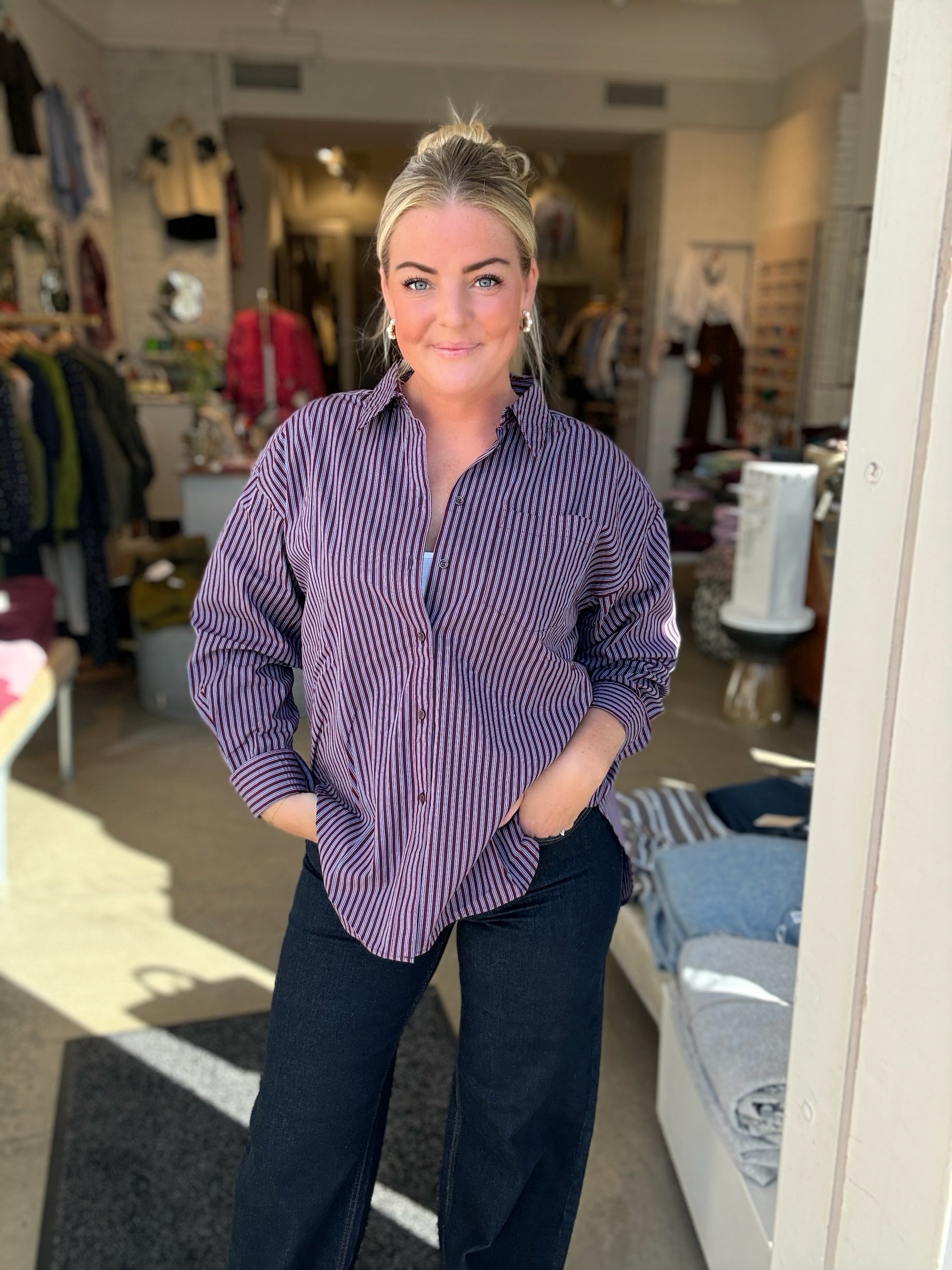 Jxjamie Long Sleeve Relaxed Poplin Shirt Winetasting Marine Blue And Orchid Smoke