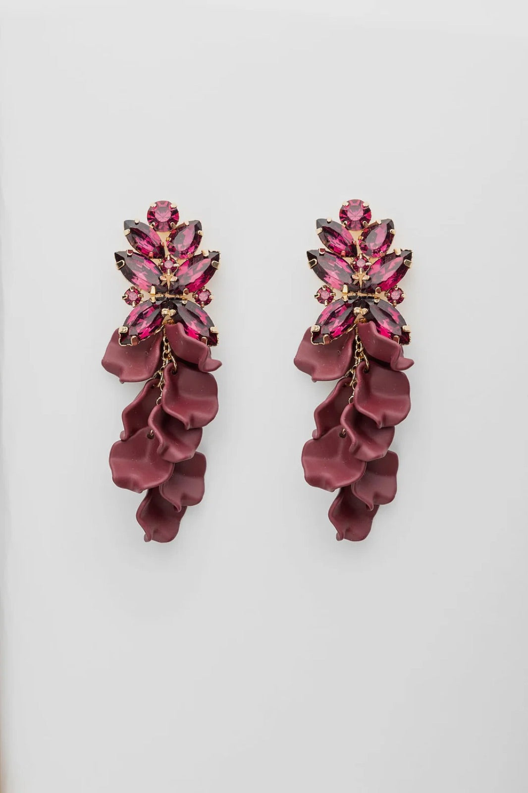 Leaf Big Stone Earrings Burgundy