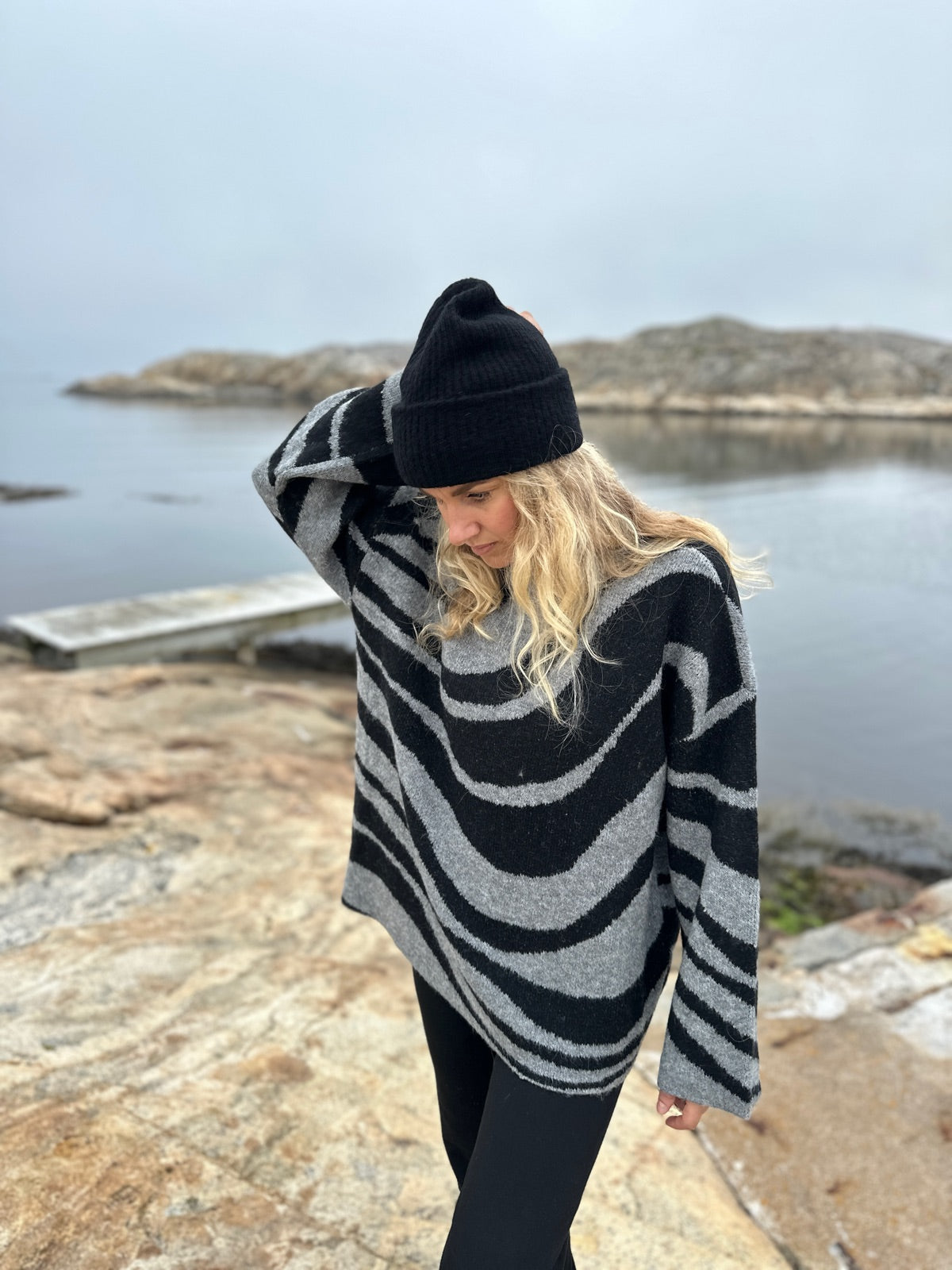 Objdiana Lo Long Sleeve Knit Pullover Medium Grey Melange Zebra Black