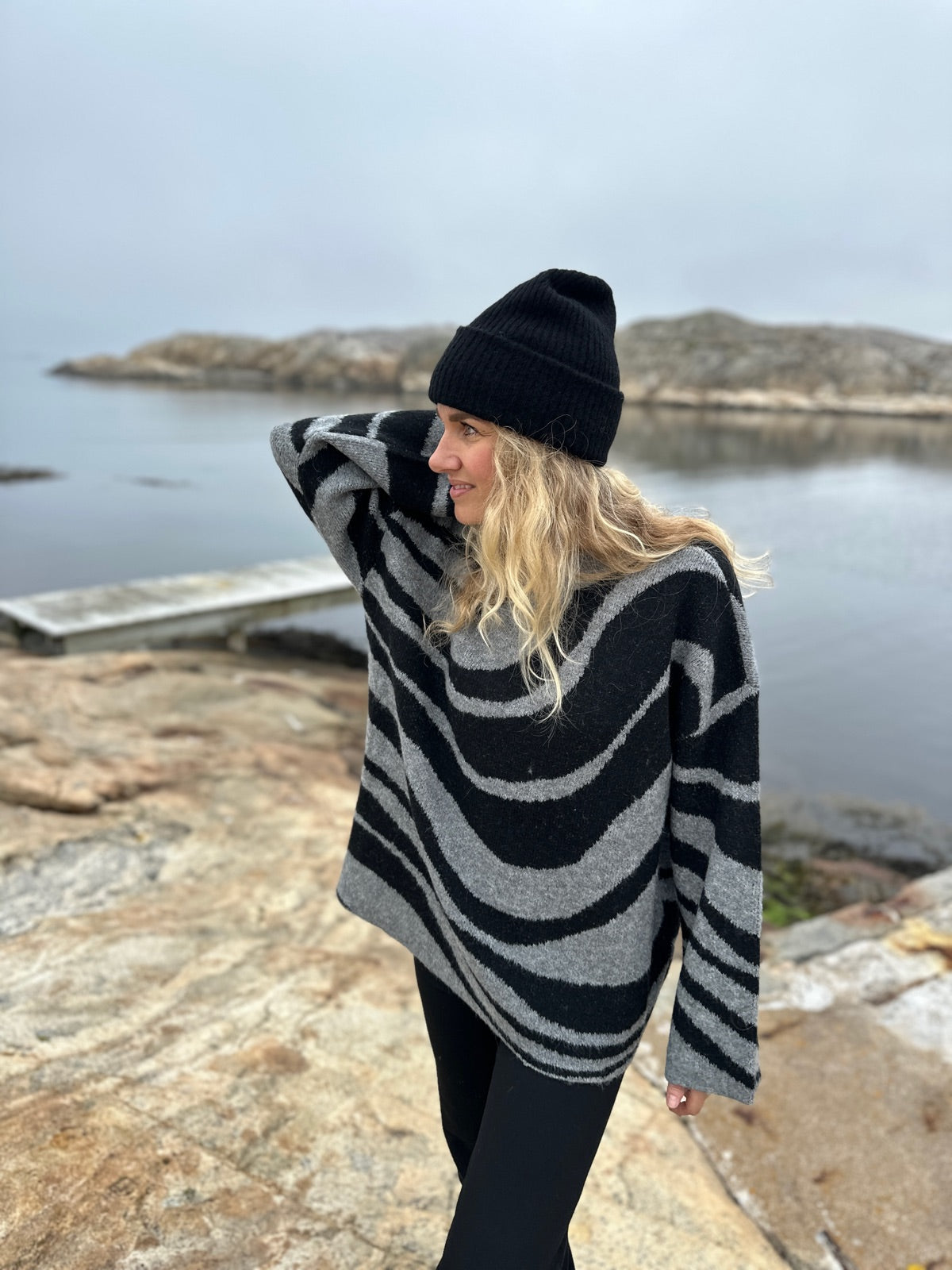 Objdiana Lo Long Sleeve Knit Pullover Medium Grey Melange Zebra Black