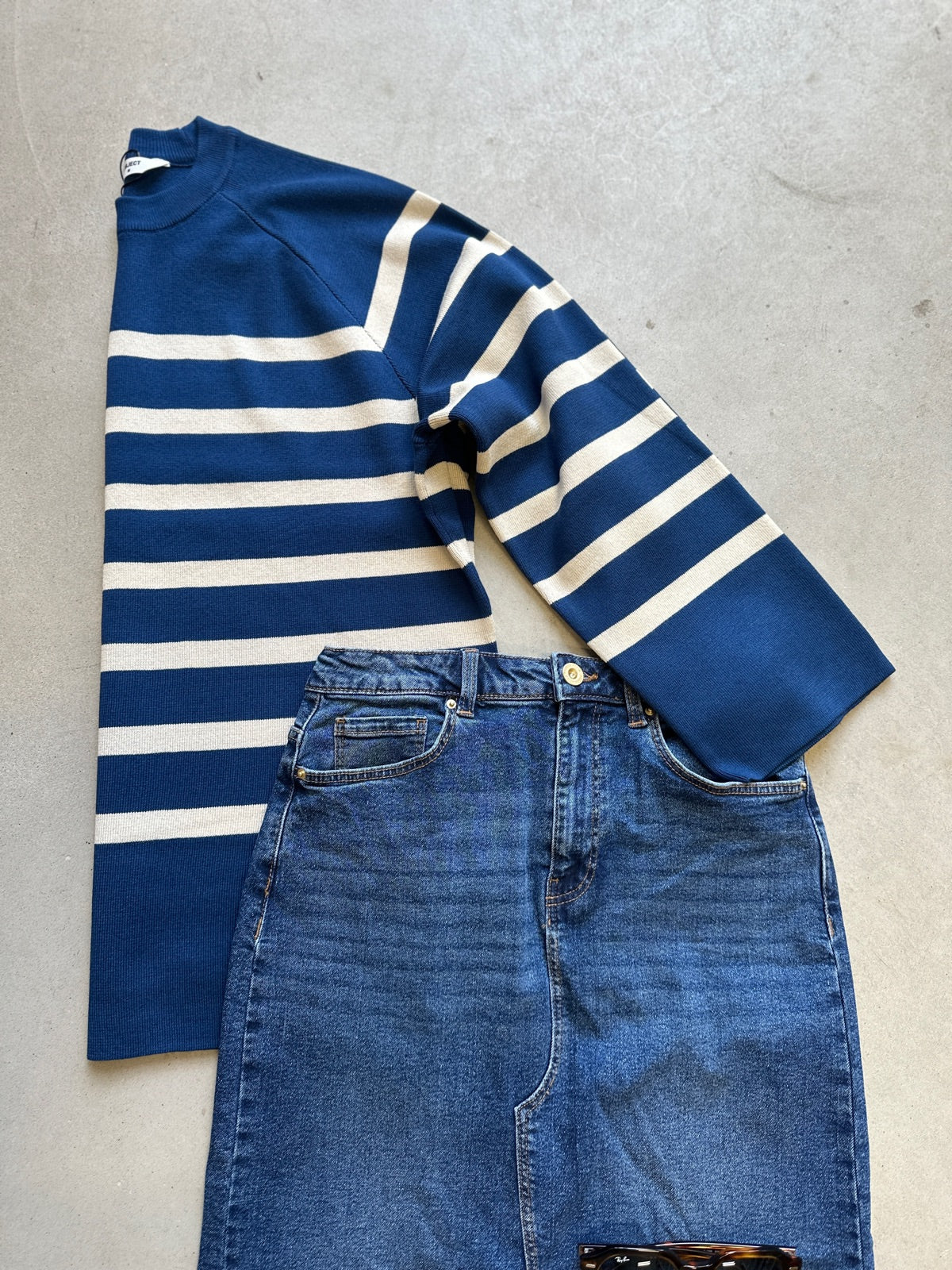 Objester Long Sleeve Knit Top Estate Blue Sandshell Col
