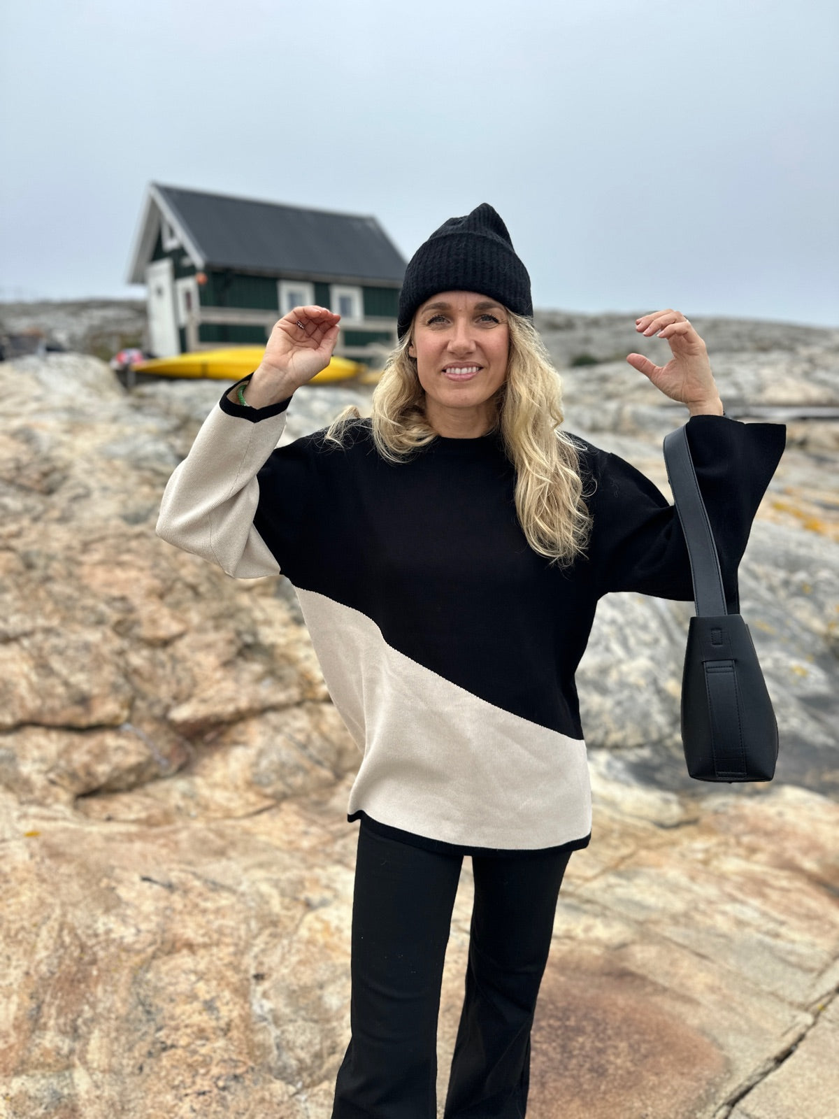 Objesterblock Long Sleeve Knit Pullover Black Sandshell